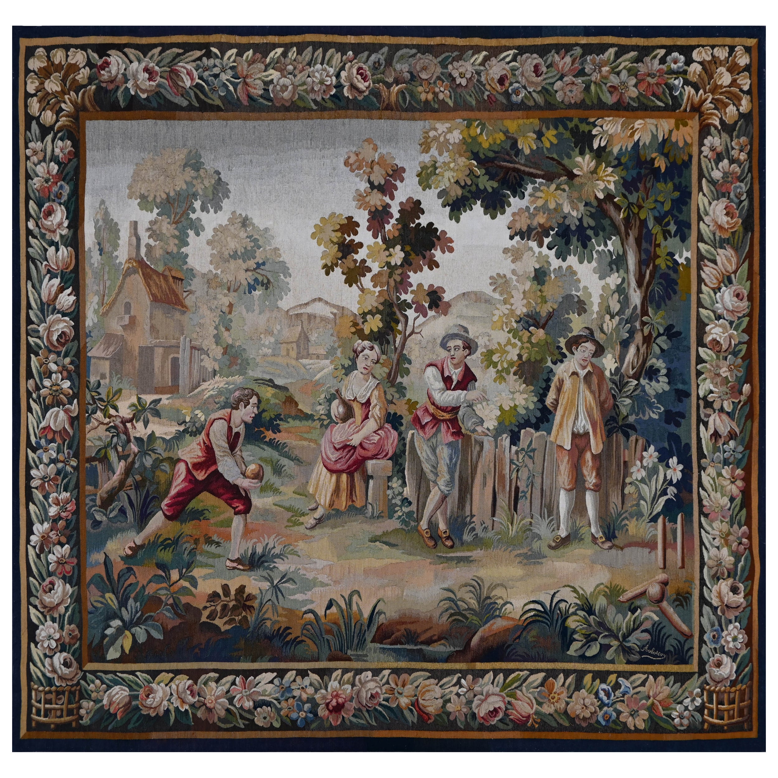 Tapisserie d'Aubusson 19ème siècle scène de pétanque - N° 1332 en vente