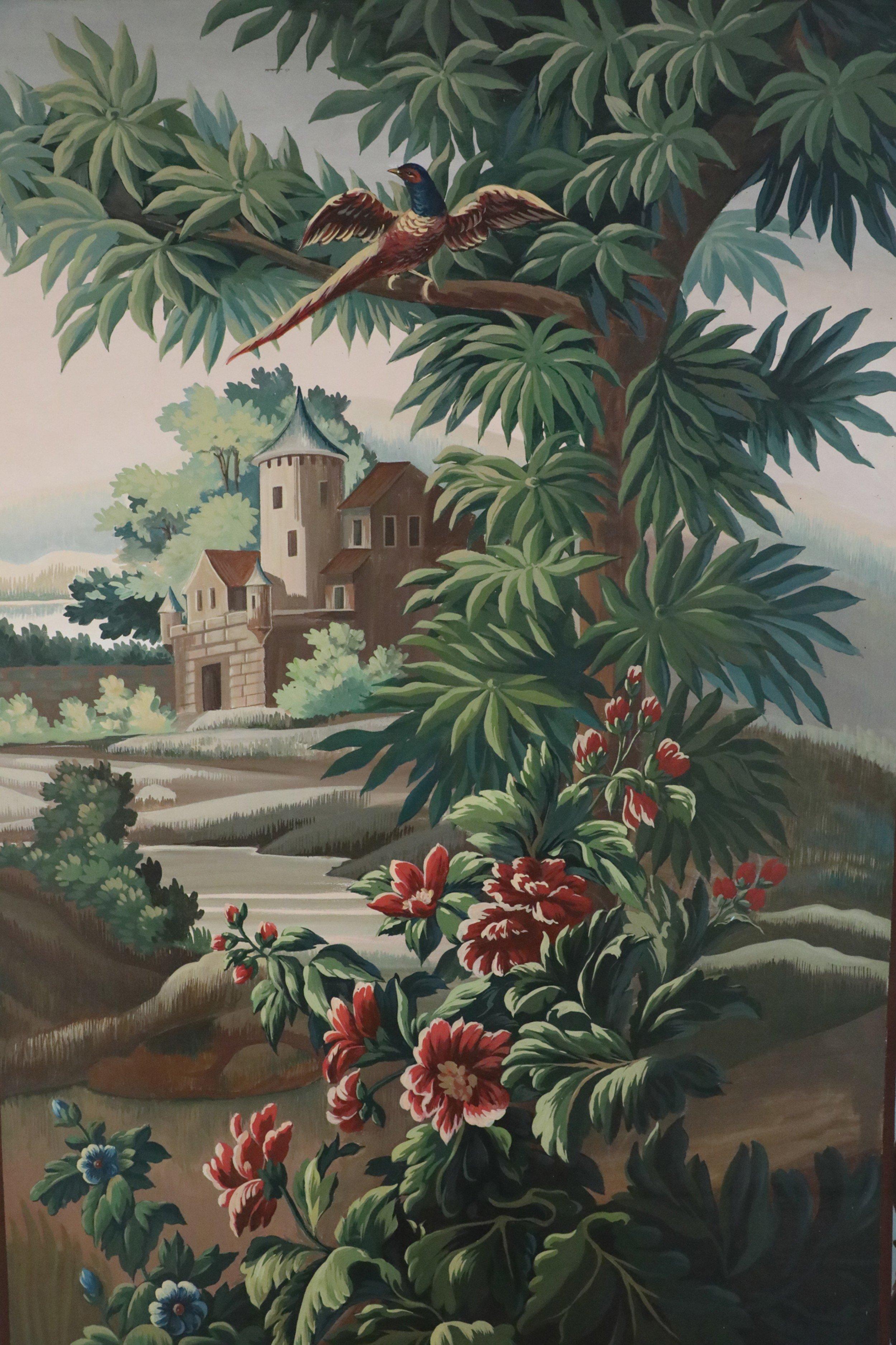 Aubusson Tapestry-Style Landscape Oil Painting on Canvas In Good Condition For Sale In New York, NY