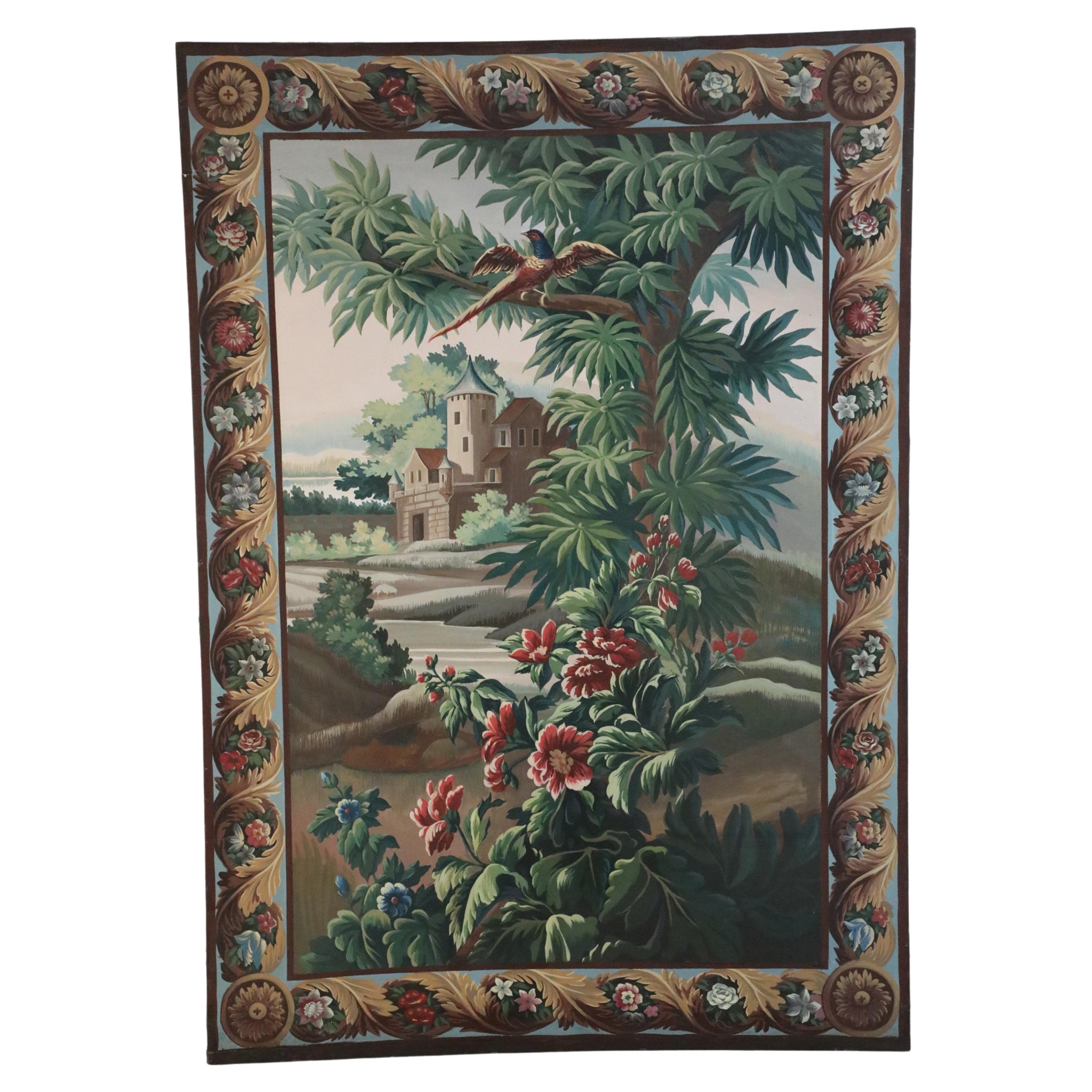 Aubusson Tapestry-Style Landscape Oil Painting on Canvas For Sale
