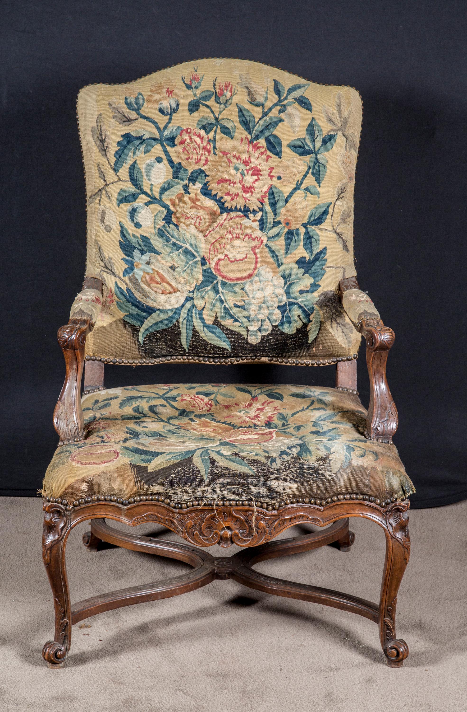 Aubusson Tapestry Walnut Armchairs, 19th Century French, Louis XV '3 Available' In Good Condition For Sale In New Orleans, LA