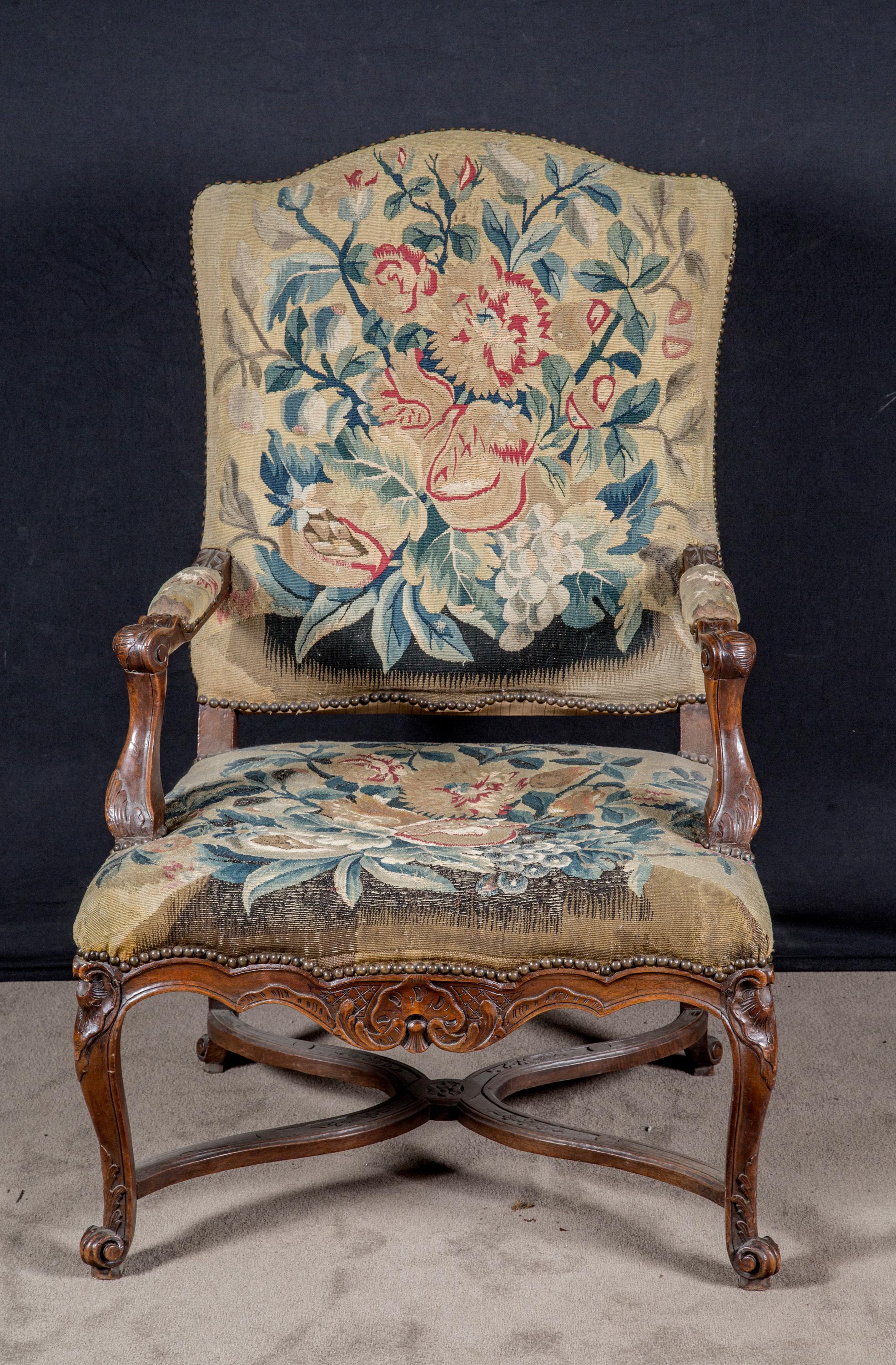 Aubusson Tapestry Walnut Armchairs, 19th Century French, Louis XV '3 Available' For Sale 1