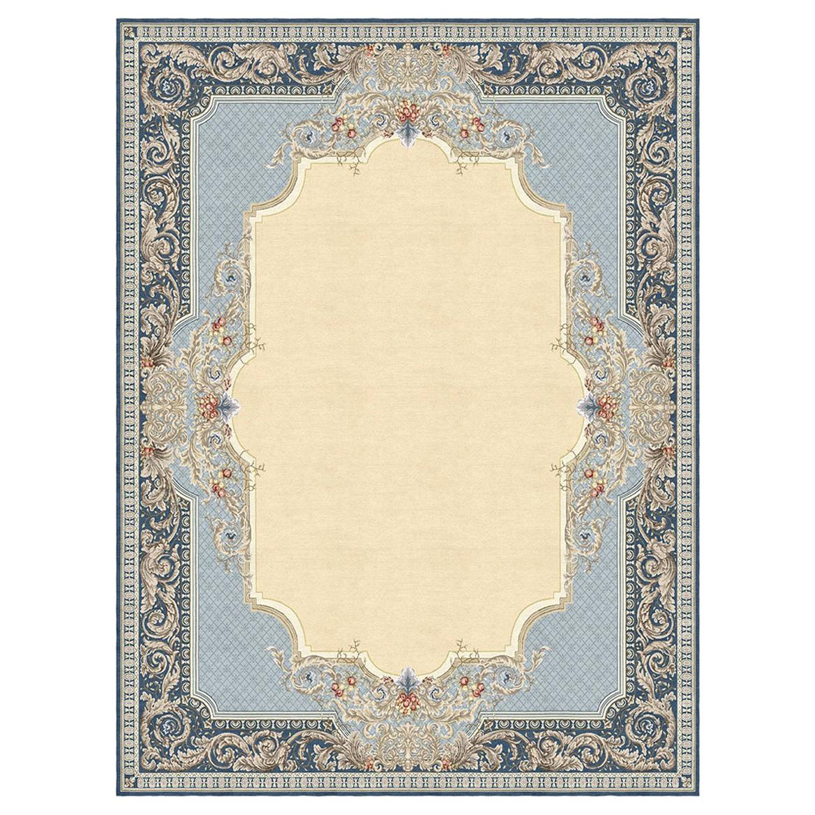 Ornamental Modern Classic handmade rug - Aubusson Tapisserie Floral Blue For Sale