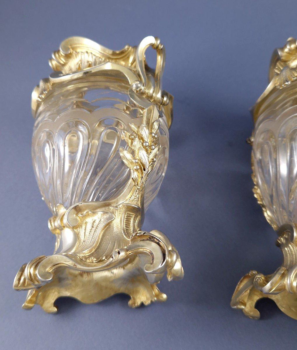 Aucoc - Pair of Sterling Silver Gilt & Crystal Vases 4