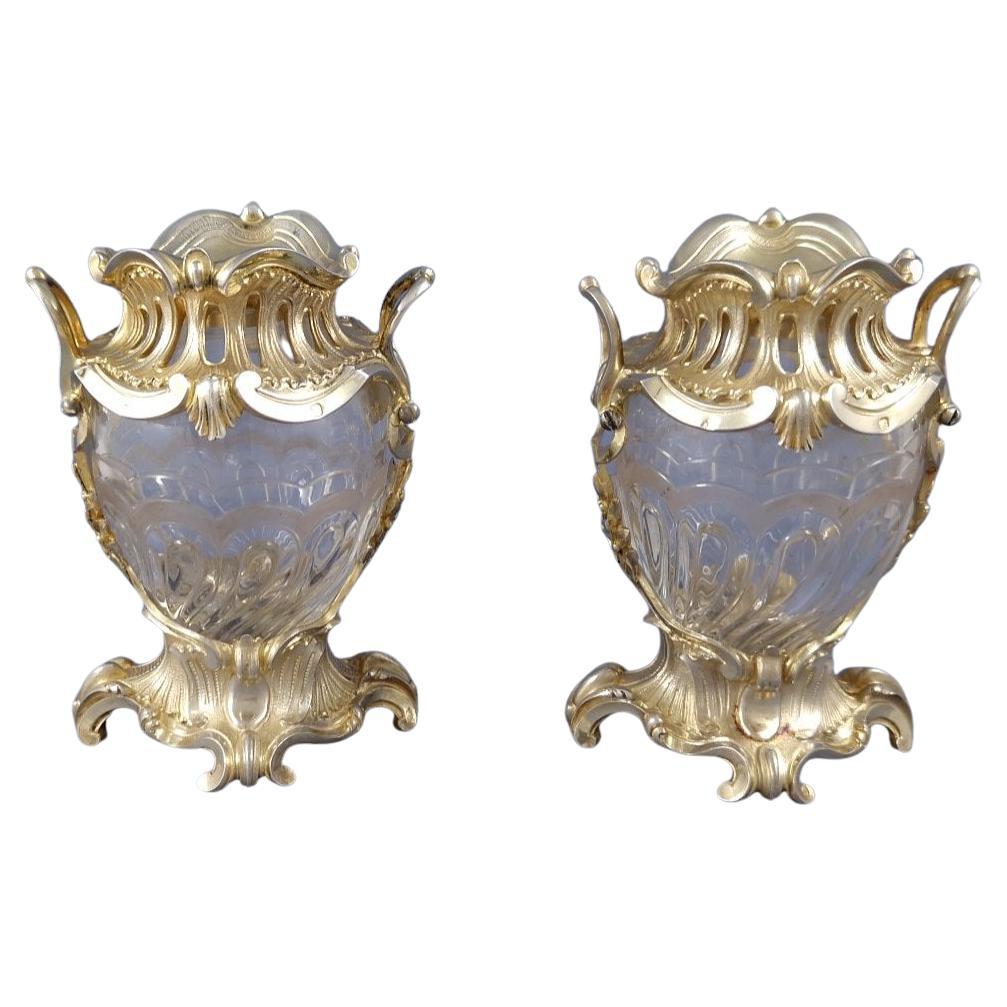 Aucoc - Pair of Sterling Silver Gilt & Crystal Vases