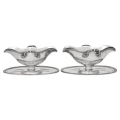 Aucoc Sterling Silver Pair of Massive Gravy Sauce Boats on Stands Empire Style