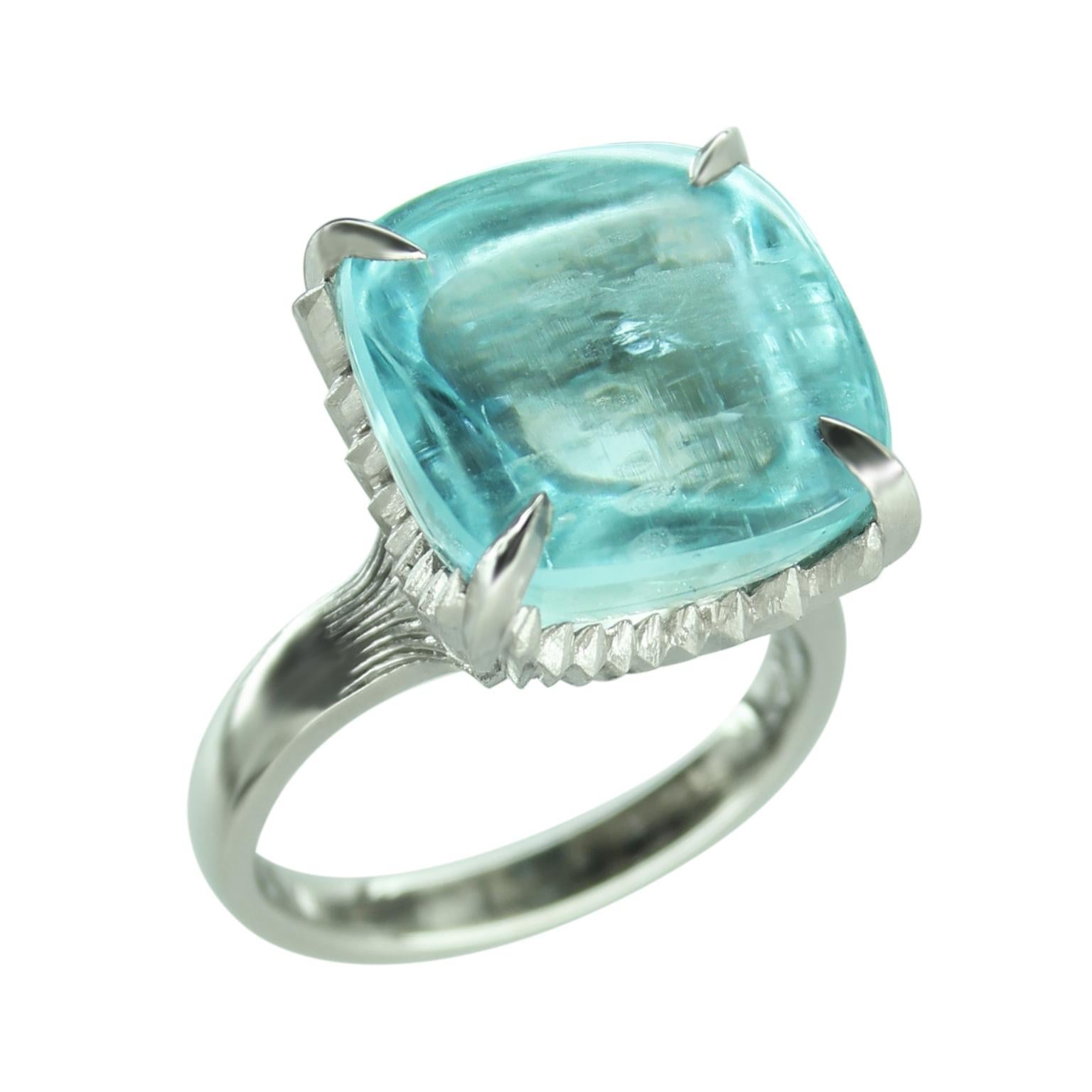 Contemporary Audacity Ring 16 Carat Aquamarine 18 Carat White Gold Cocktail Ring For Sale