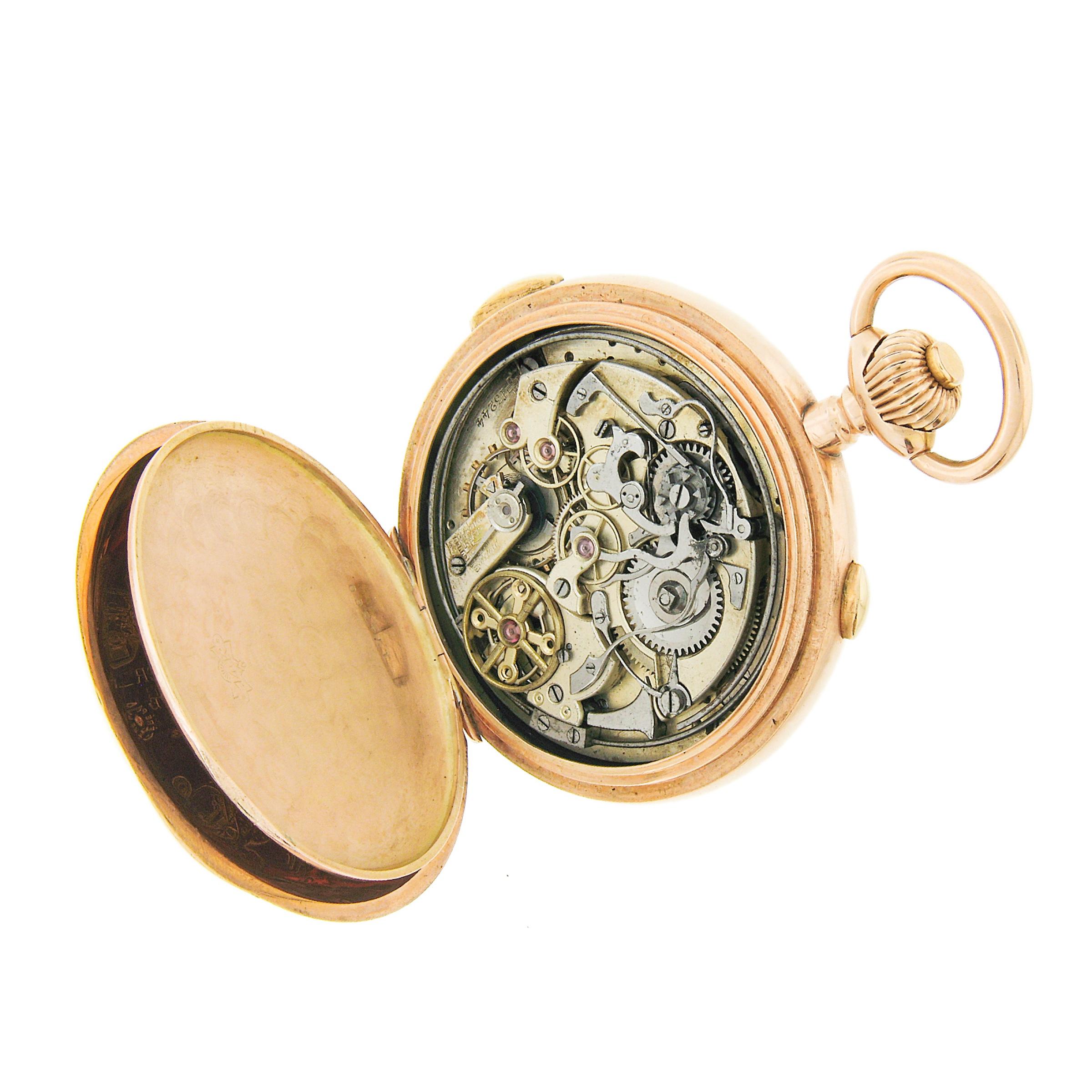 Diese angesengte antike Taschenuhr von Audemars Freres verf�ügt über ein vergoldetes Hebelwerk mit 1/4-Stunden-Repetition, das durch einen Druckknopf aktiviert wird. Weißes Emailzifferblatt mit drei versenkten Hilfszifferblättern für Datum, Mondphase