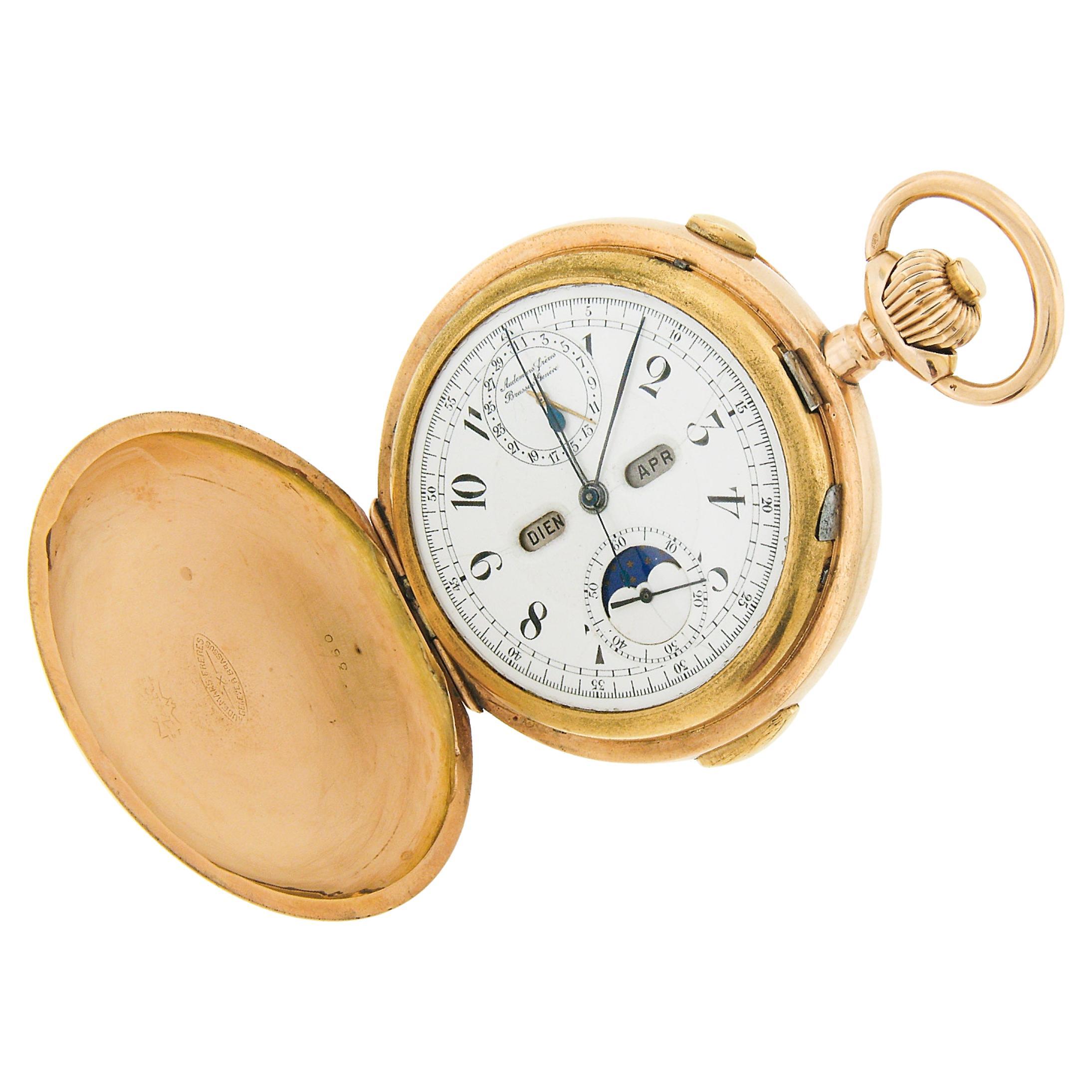 Audemars Freres 14K Gold 1/4 Hour Repeater Moon Phase Chronograph Pocket Watch For Sale