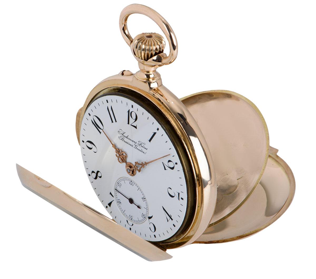 A rare 52 mm antique open face minute repeater chiming pocket watch, in rose gold, by Audemars Freres. The white enamel dial features Arabic numbers and a small seconds display at 6 o'clock. Fitted with mineral glass and a manual wind movement which