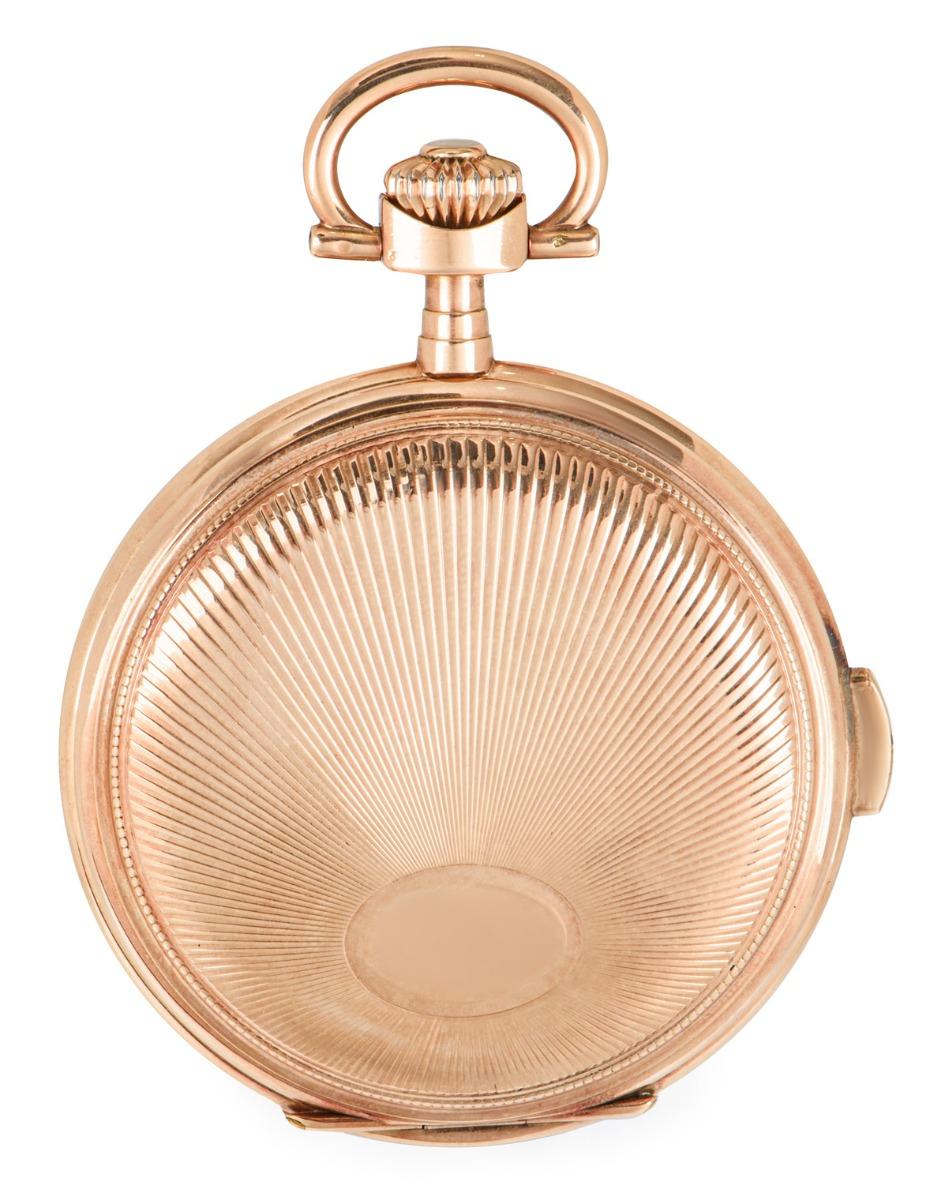 A Rare Audemars Freres 14ct Rose Gold Full Hunter Keyless Lever Quarter Repeater Pocket Watch C1900 with Original Box and Papers.

Dial: The unusual signed silver dial Audemars Freres Genève with Arabic numerals and subsidiary seconds dial with