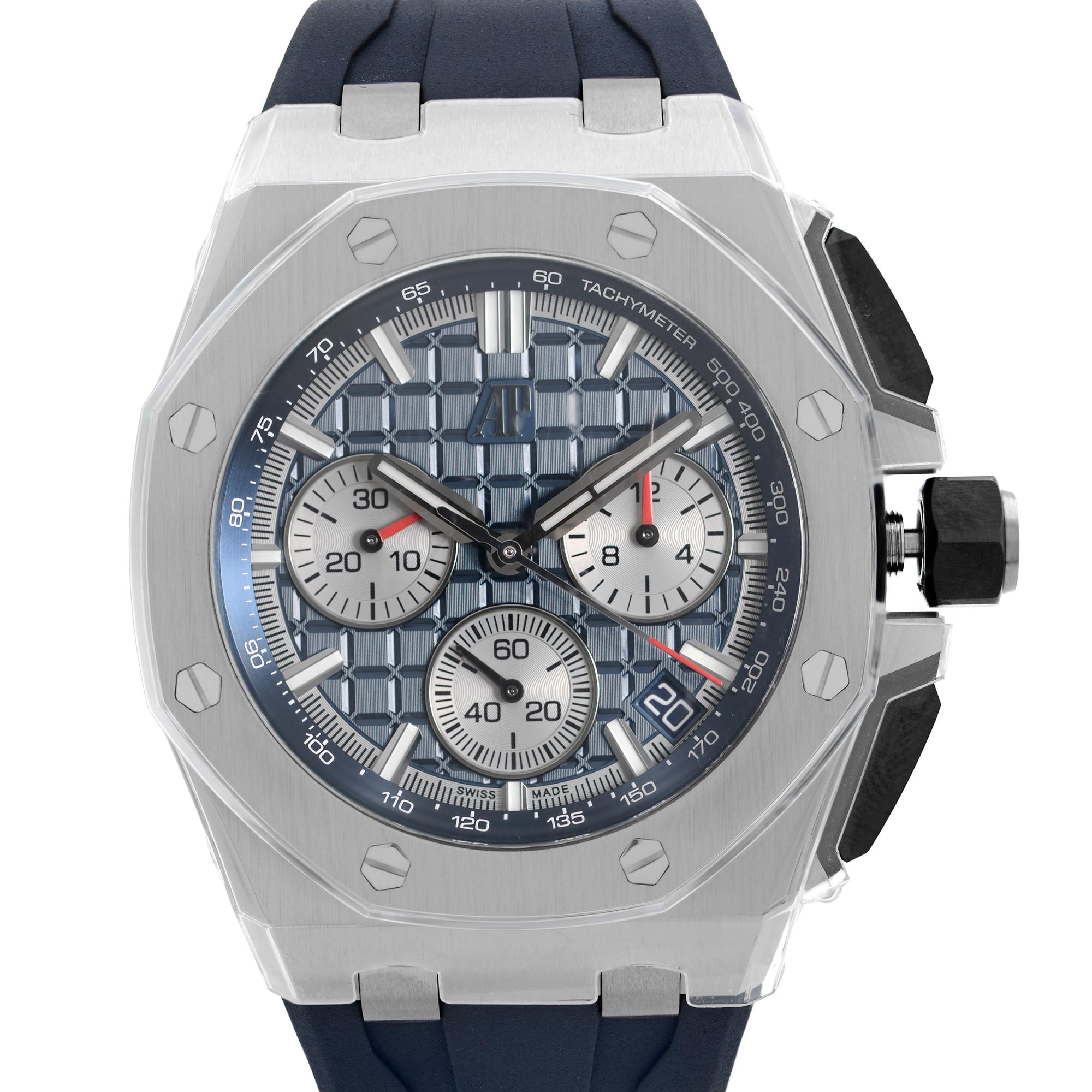 Display Model Audemars Piaget Royal Oak Offshore Titanium Blue Dial Watch 26420TI.OO.A027CA.01. This Beautiful Timepiece is Powered by Mechanical (Automatic) Movement And Features: Titanium Case with a Blue Rubber Buckle Strap. Fixed Octagonal