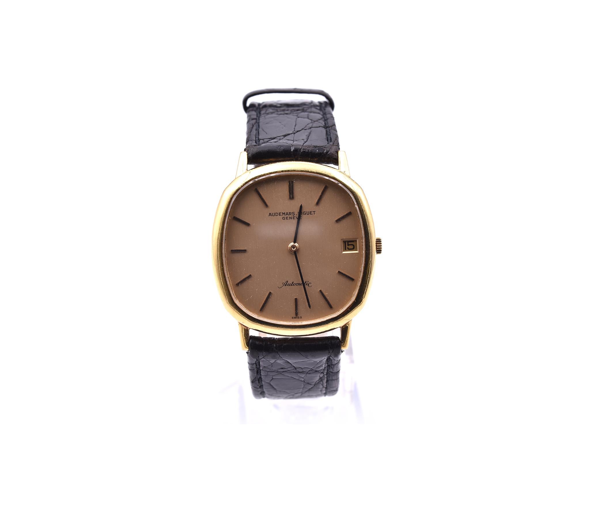 Movement: automatic
Function: hours, minutes, date
Case: cushion 32.50mm x 34.60mm 18k yellow gold case, sapphire crystal, solid case back, pull/push crown
Band: black patent leather with buckle
Dial: gold dial with gold hour markers, gold hands, AP
