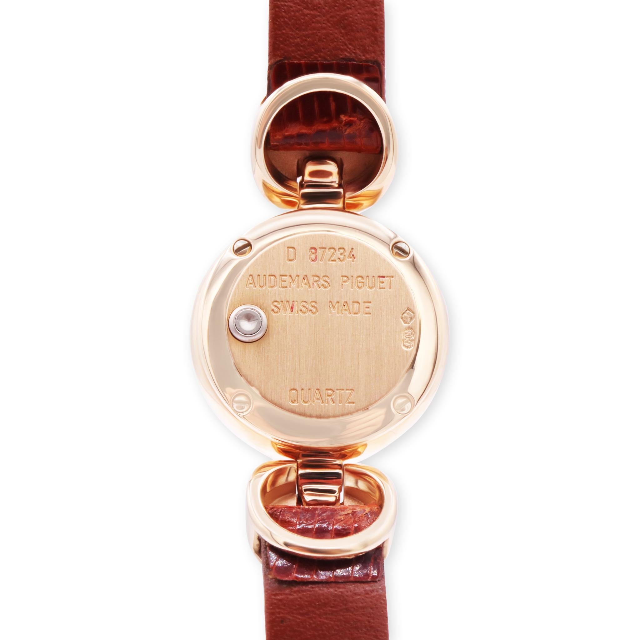 Audemars Piguet  18 mm Factory Diamonds Ladies 18K Rose Gold watch

Model                    
Happy Diamonds
Reference Number
67118OR.ZZ.A009XX.01
Gender
Lady's
Metal
18K Rose Gold
Case Size
18 mm
Wrist Size
This watch will currently fit a wrist up