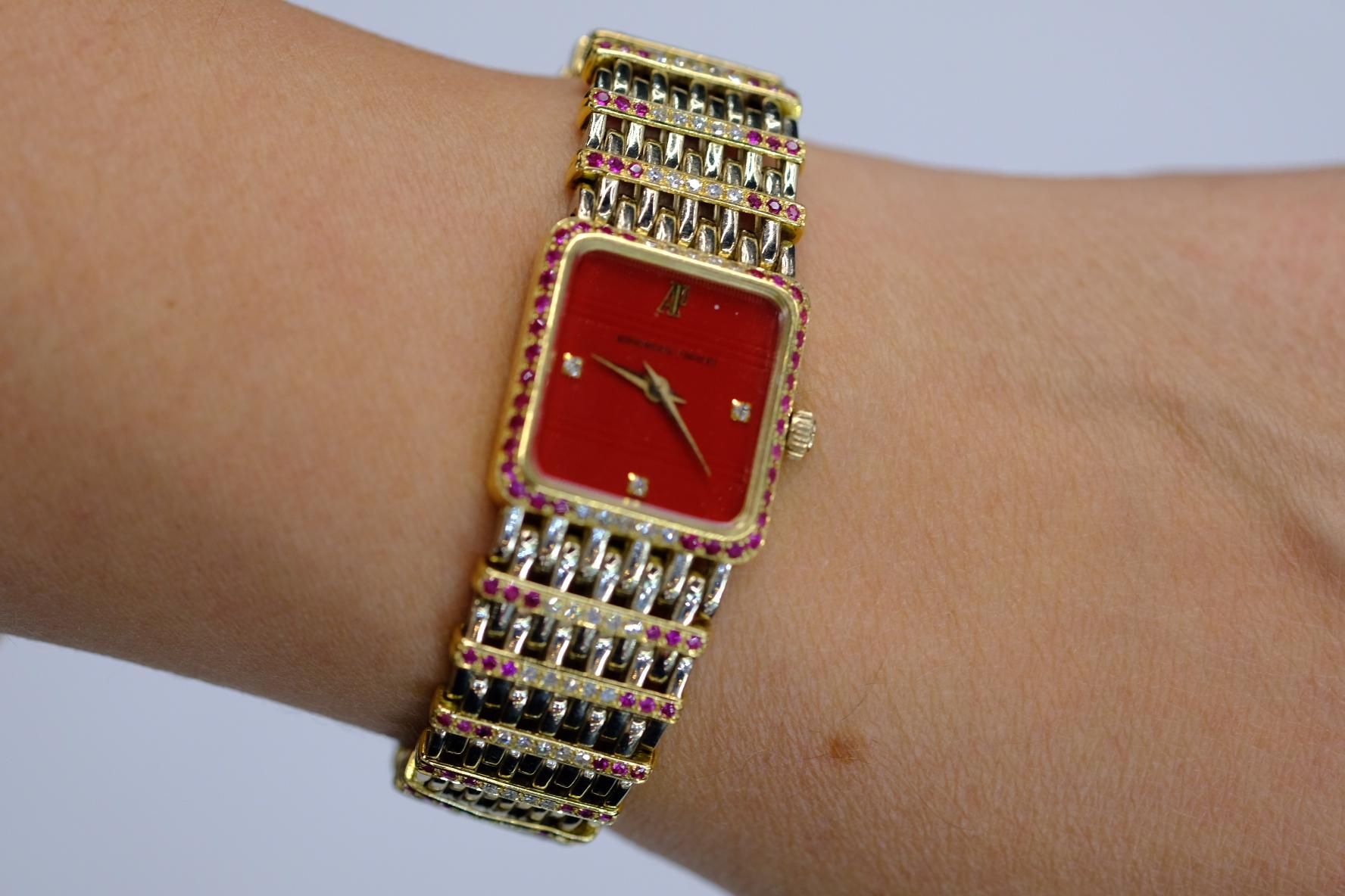 Audemars Piguet 18K Two Tone Red Dial Ruby And Diamond Watch In Excellent Condition In New York, NY