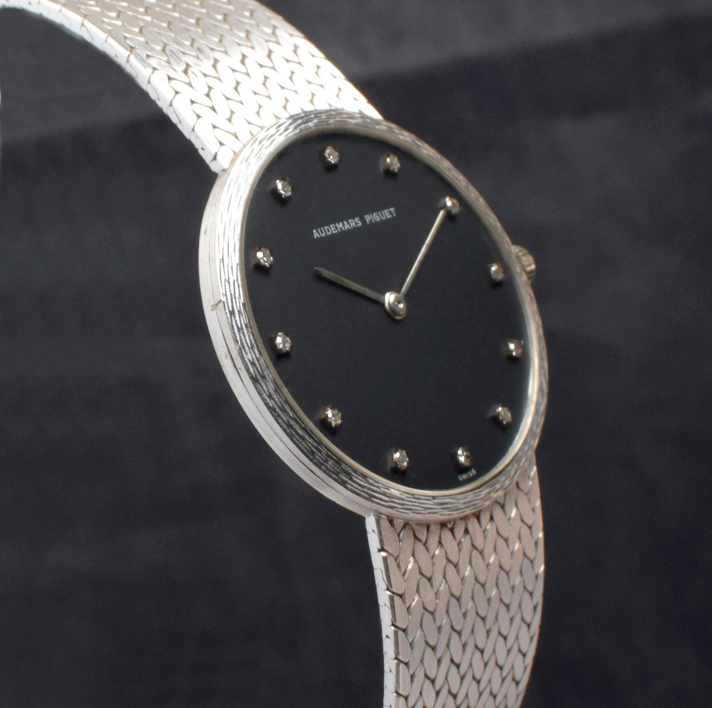 Audemars Piguet 18K WG Schwarzes, mattes, mattes Zifferblatt mit Diamant Indexen 95621 für Damen oder Herren im Angebot