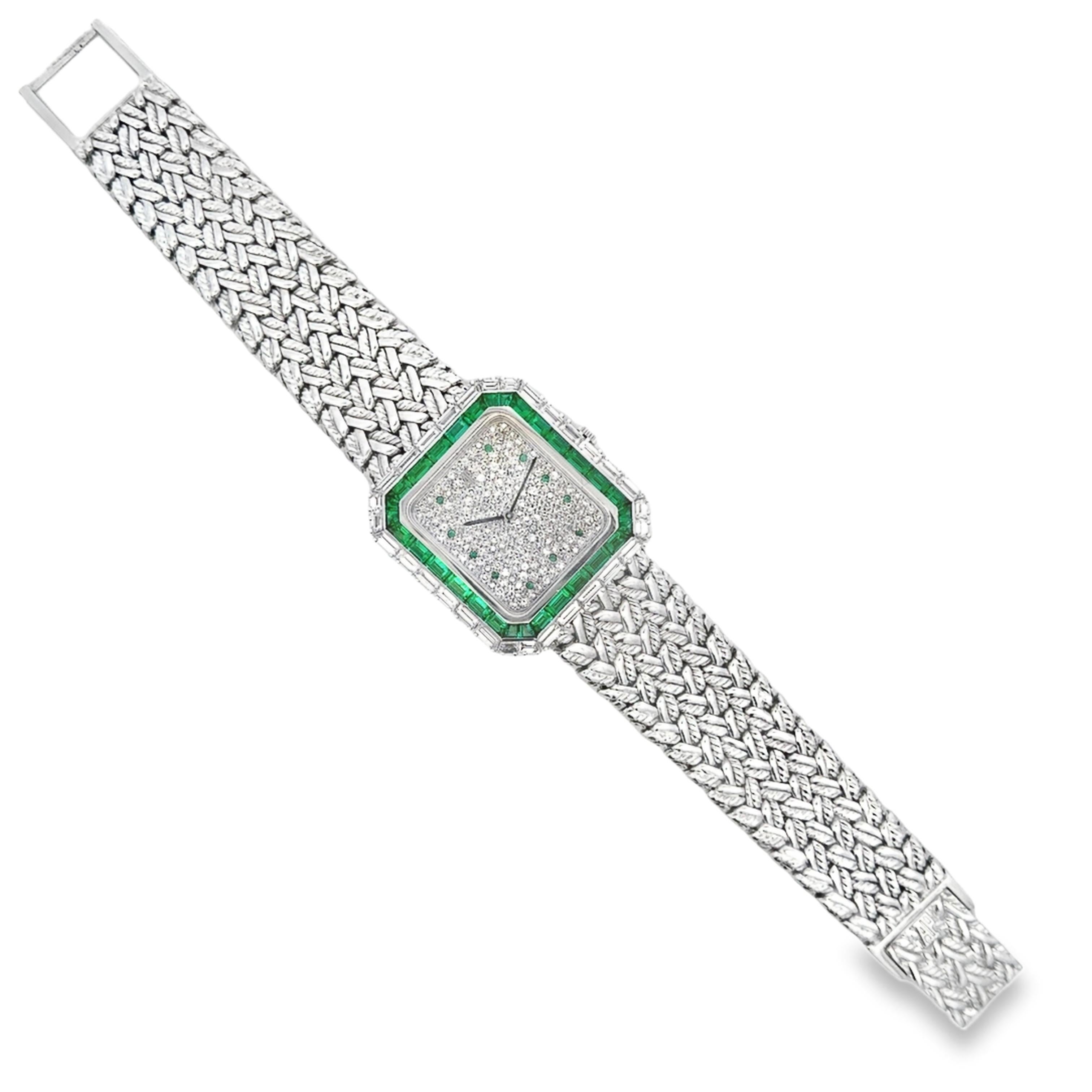 Art Deco Audemars Piguet Diamond & Emerald 18K White Gold Bracelet Watch For Sale