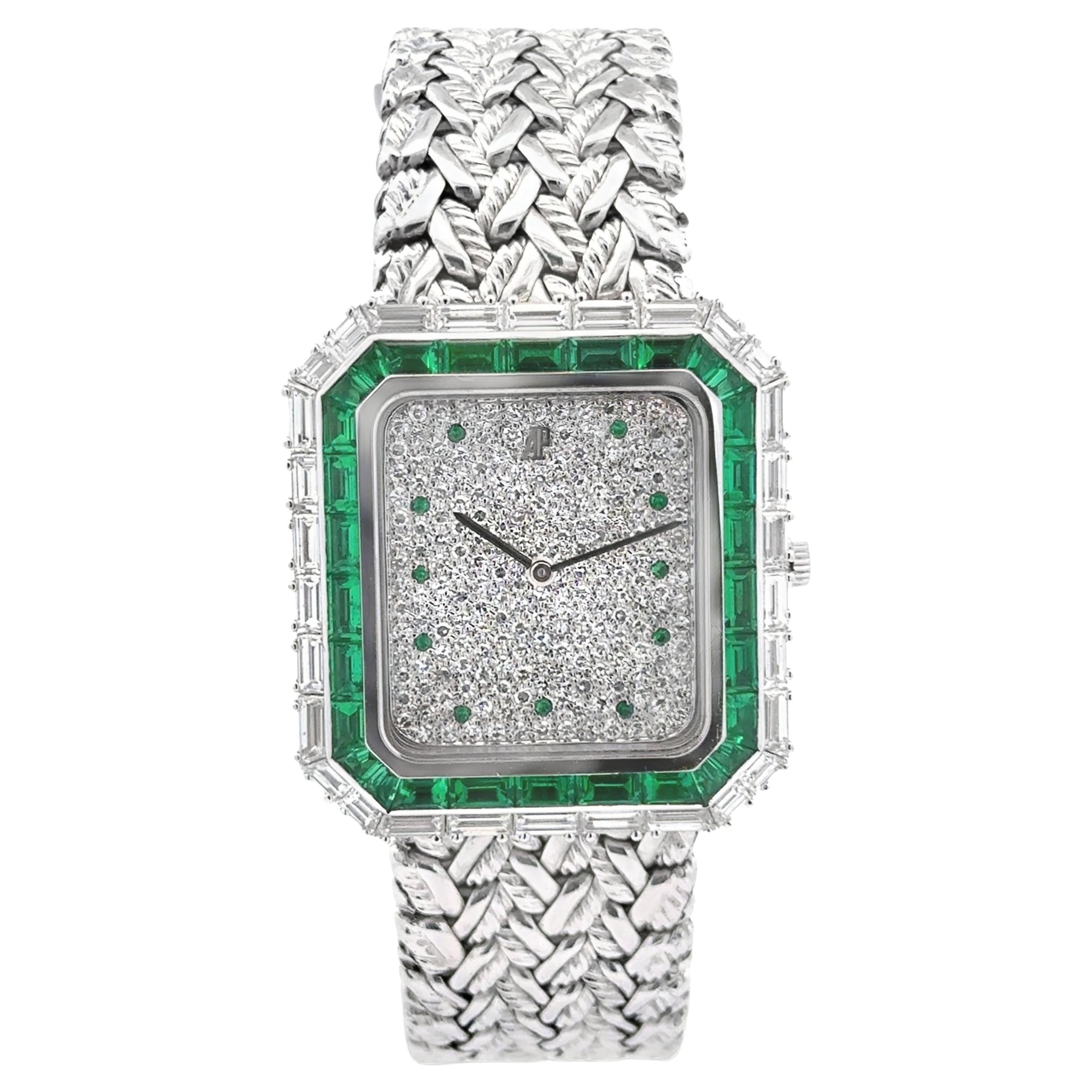 Audemars Piguet Diamond & Emerald 18K White Gold Bracelet Watch For Sale