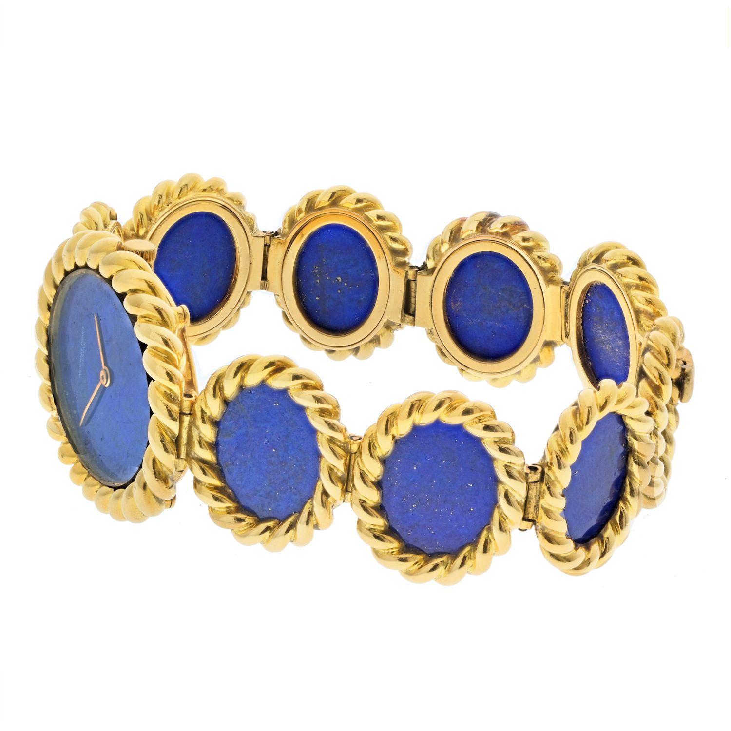 Modern Audemars Piguet 18k Yellow Gold 1960s Blue Lapis Oval Link Wrist Watch