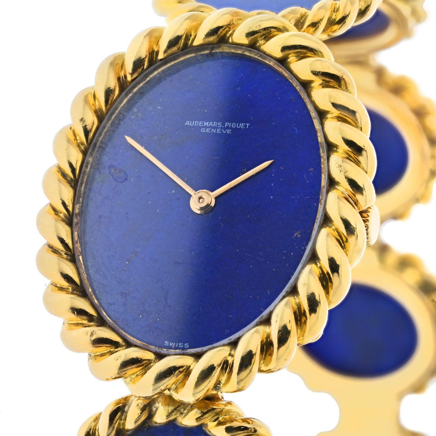 Audemars Piguet 18k Yellow Gold 1960s Blue Lapis Oval Link Wrist Watch In Excellent Condition In New York, NY