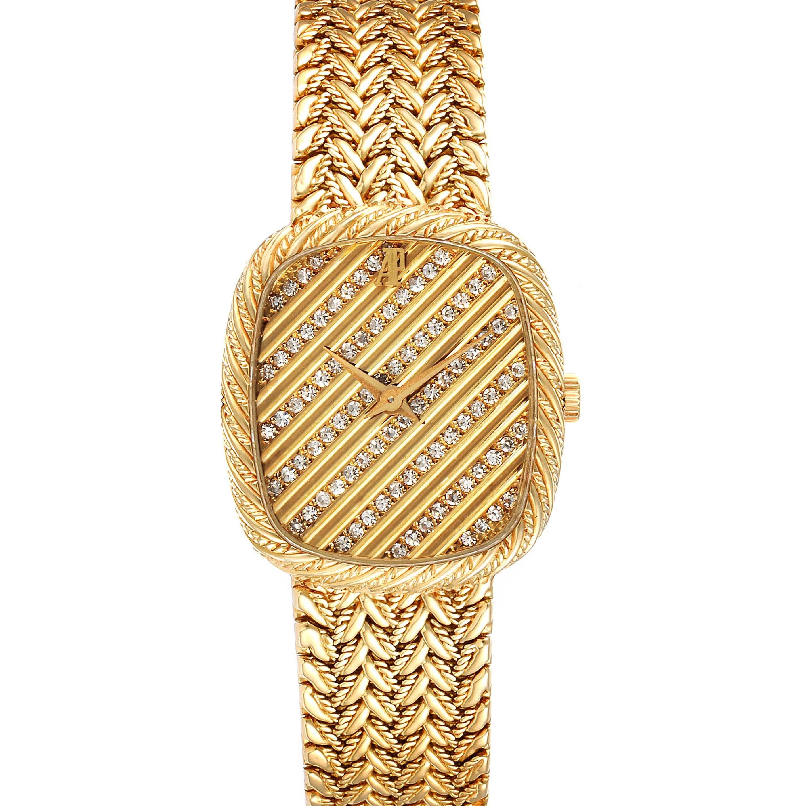 Audemars Piguet 18k Yellow Gold Diamond Dial Cocktail Ladies Watch. Manual winding movement. 18k yellow gold case 27.0 x 24.0 mm in diameter. 18K yellow gold bezel engraved to repeat the bracelet pattern. Scratch resistant sapphire crystal. Gold