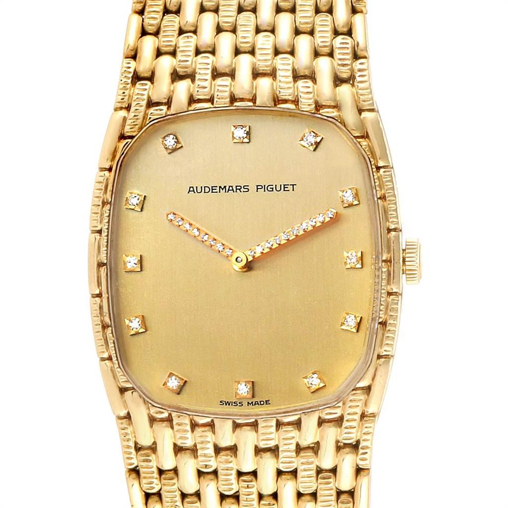 Audemars Piguet 18K Yellow Gold Diamond Unisex Watch 40154. Manual winding movement. Caliber 2080, rhodium-plated, fausses cotes decoration, 20 jewels, straight-line lever escapement, monometallic balance adjusted for heat, cold, isochronism and 5