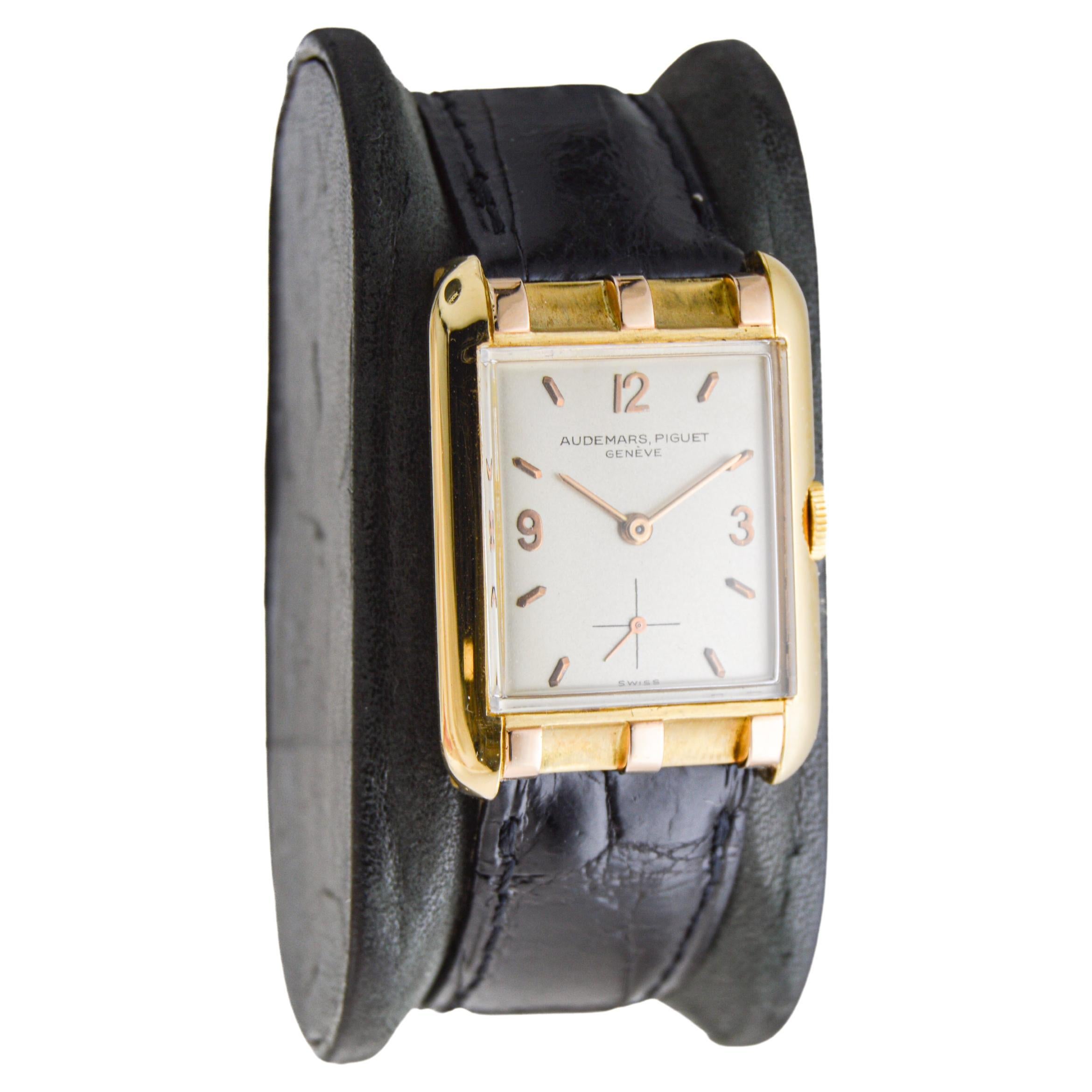 FACTORY / HOUSE: Audemars Piguet Watch Company
STYLE / REFERENCE: Art Deco / Tank Style 
METAL / MATERIAL: 18Kt. Gold Two Tone Yellow & Rose 
DIMENSIONS: Length 34mm  X Width 25mm
CIRCA: 1940's
MOVEMENT / CALIBER: Manual Winding / 18 Jewels /