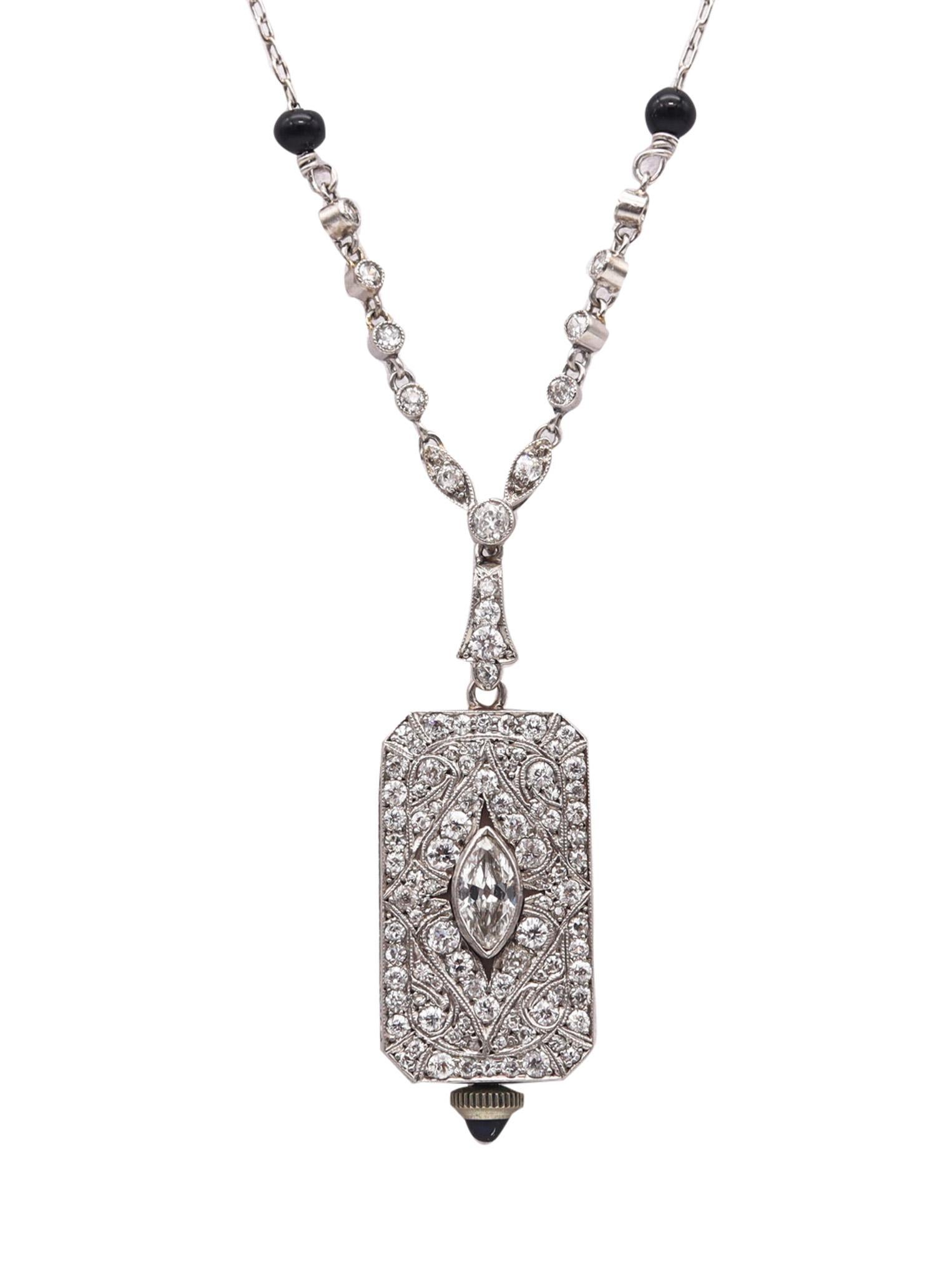 Audemars Piguet 1930 Art Deco Watch Necklace In Platinum And 4.86 Ctw Diamonds For Sale