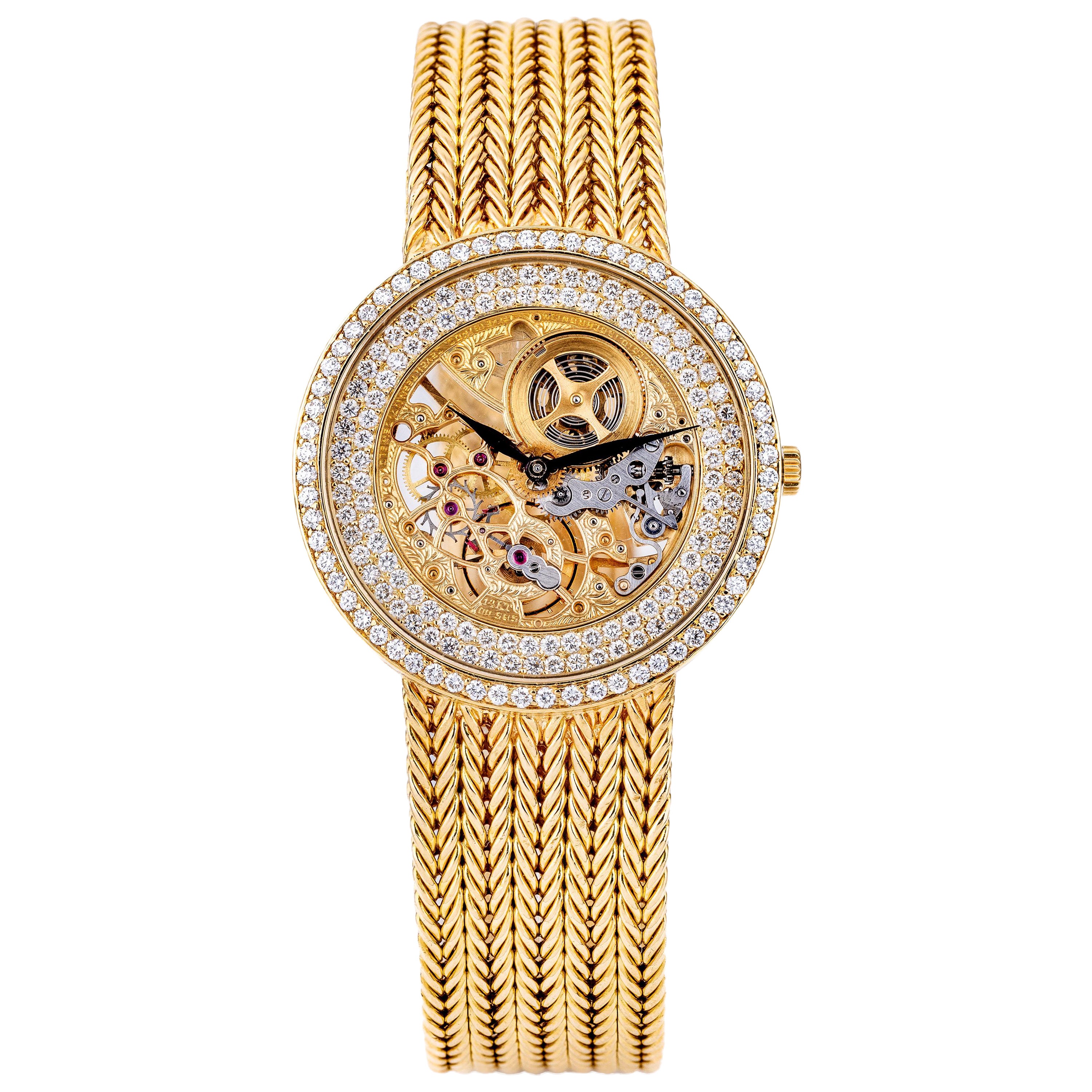 Audemars Piguet 1970's Skeleton Open-Worked Dial, Diamond Bezel 18k Yellow Gold For Sale