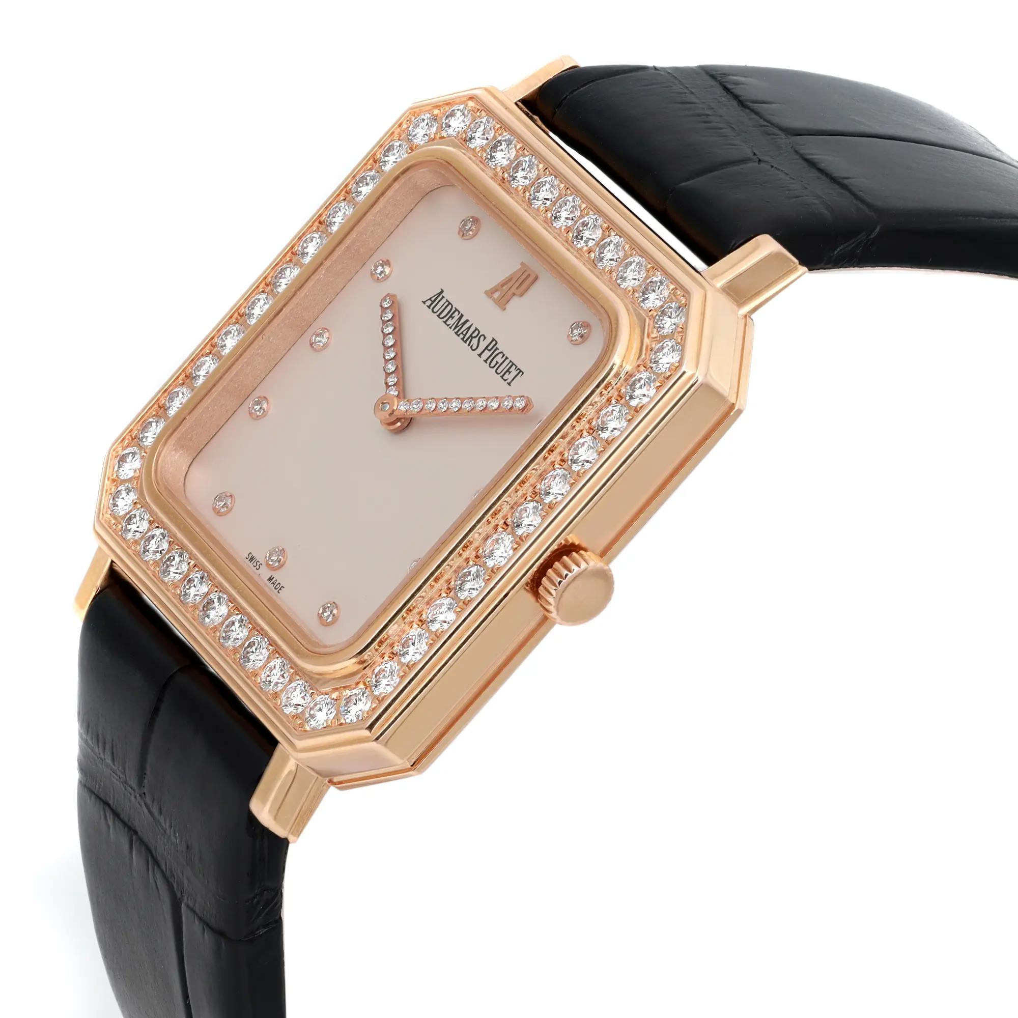 Audemars Piguet 29MM Rose Gold Diamonds Cream Dial Watch 150680R.ZZ.D001CR.01 In Good Condition For Sale In New York, NY