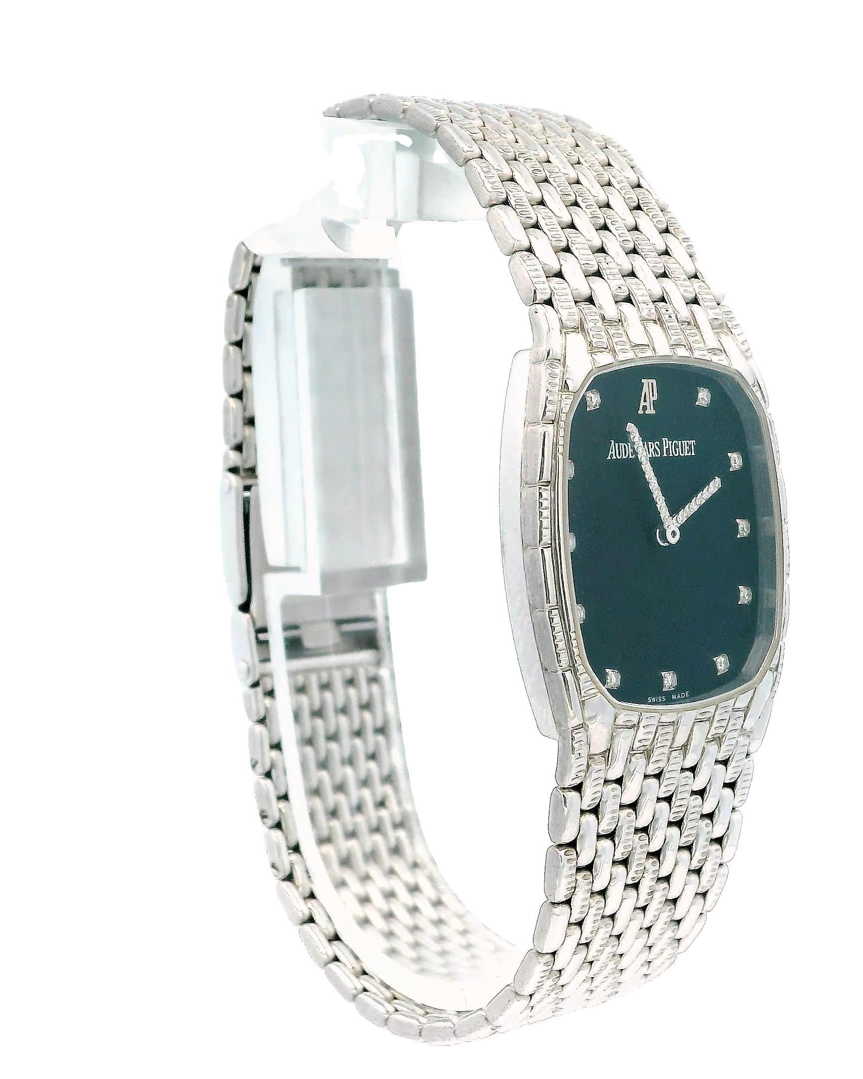 The Audemars Piguet 4126 Ladies' Watch is a luxurious timepiece featuring a 27mm case and bezel made from 18K white gold, complemented by a striking black dial with silver-tone hands and factory-set diamond hour markers. Its elegant 18K white mesh