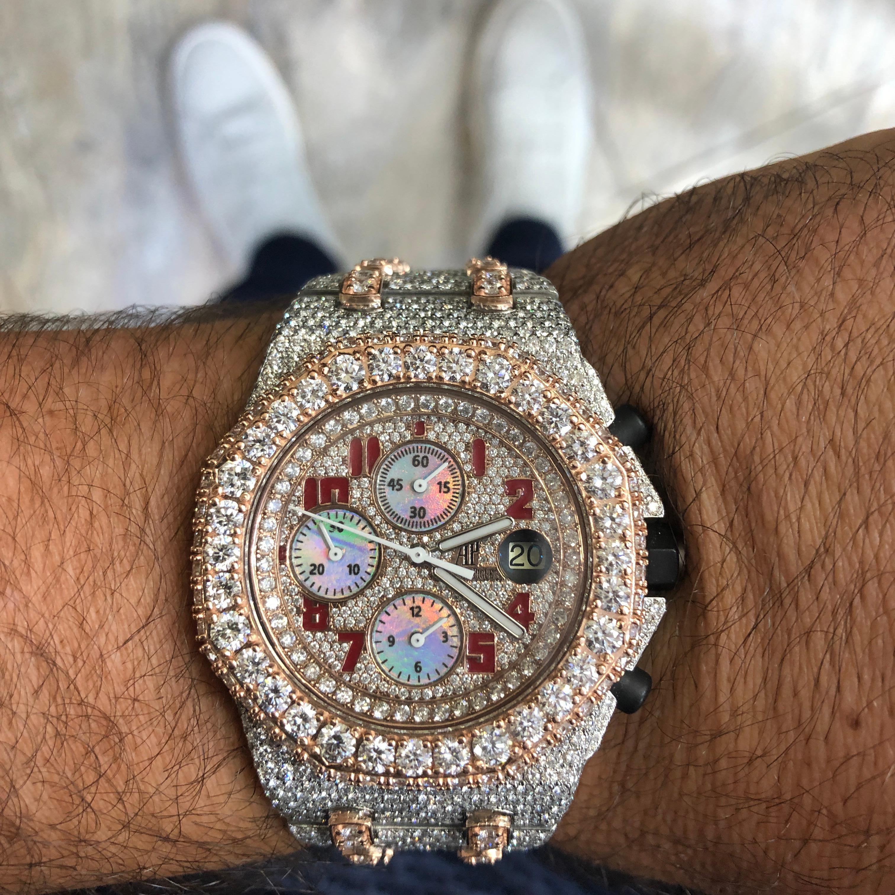 Audemars Piguet Offshore Customized 42 Carats Multicolor Dial Diamond Watch In Excellent Condition For Sale In New York, NY