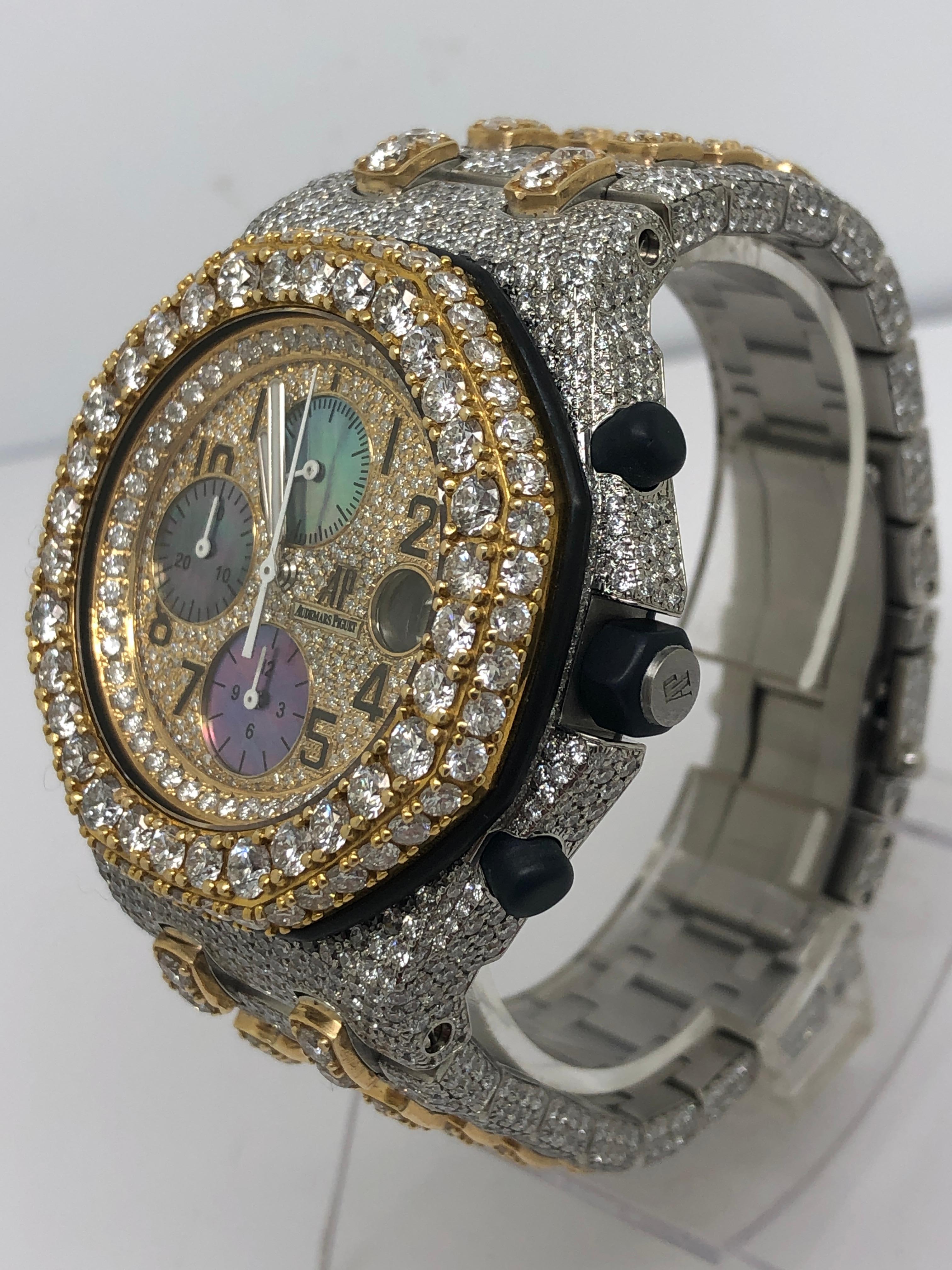 Audemars Piguet Offshore 18K Gold and Stainless Steel  Iced Out 30 Carats Diamonds

multi color Diamond Dial
watch's customization means it cannot be serviced nor authenticated by Audemars Piguet going forward.  but any watchmaker can service watch