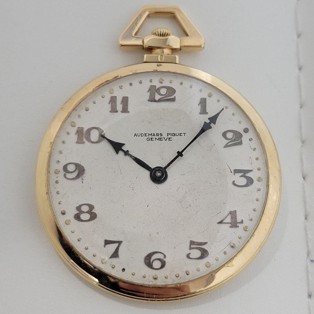 Timeless luxury, solid 18k gold Audemars Piguet open face pocket watch, c.1910s, all original. Verified authentic by a master watchmaker. Gorgeous Audemars Piguet signed white enamel dial, Arabic numeral hour markers, droplet outer minute markers,
