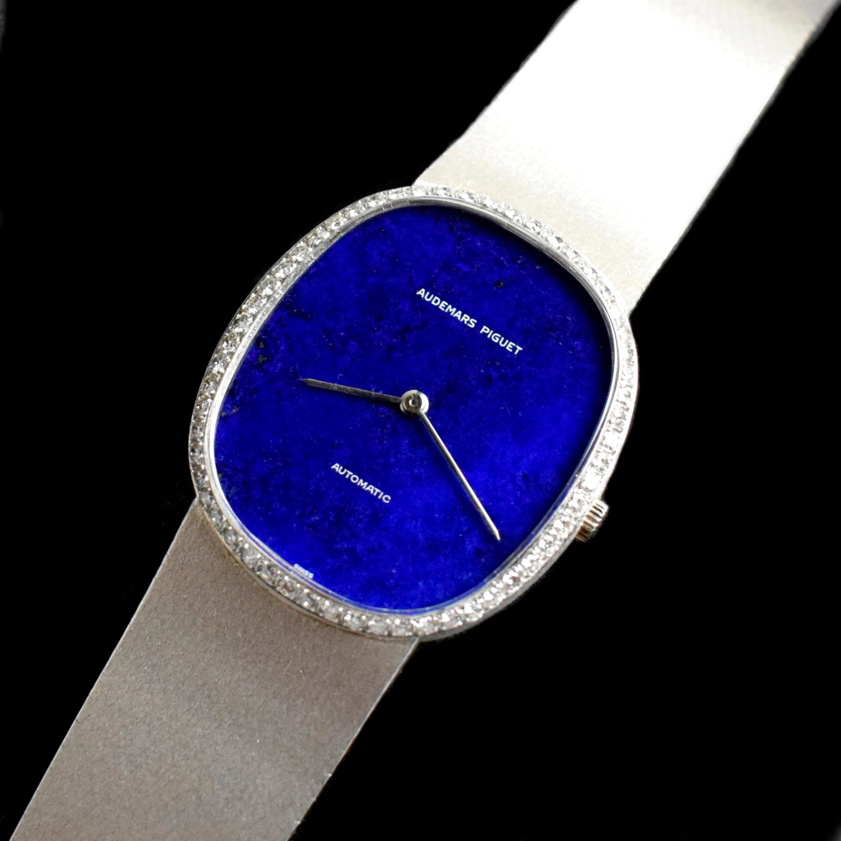 Brand: Audemars Piguet
Serial no : B17xxx
Reference: C04101

Case: Show sign of wear 18K White Gold case with approximate size 31mm x 35mm in diameter w/ serial engraved on caseback

Dial:  Excellent Condition Lapis Dial with Diamond Bezel and