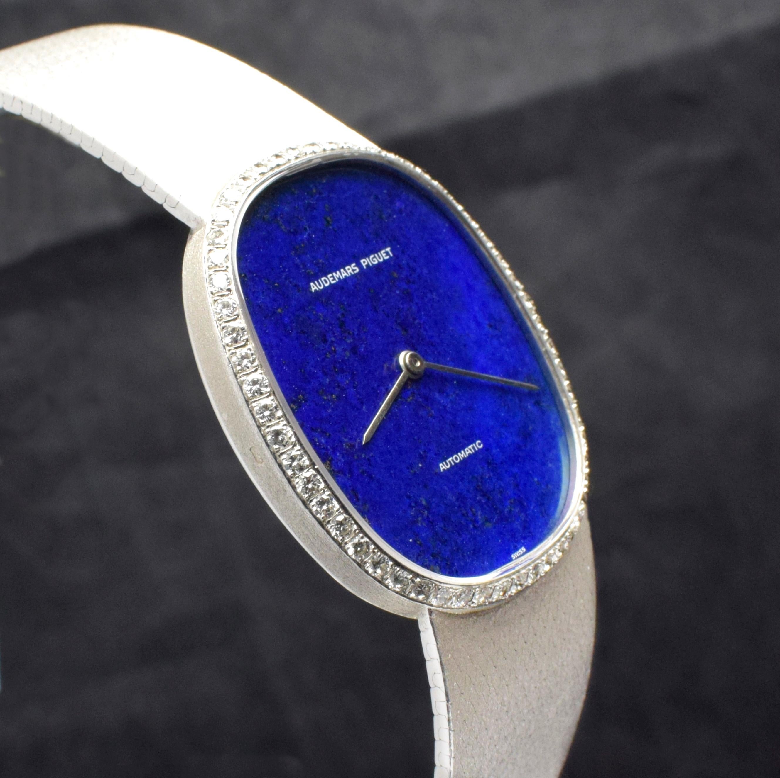 Women's or Men's Audemars Piguet AP 18K White Gold Lapis Dial Diamond Bezel Automatic