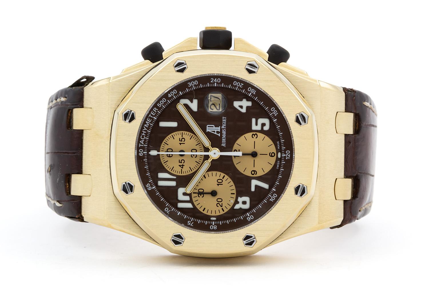 We are pleased to offer this 18k Yellow Gold Audemars Piguet Arnold Schwarzenegger Limited Edition Royal Oak Offshore Chronograph 26007ba which was just serviced & polished by our master watchmaker with protective sticker on the back case from our