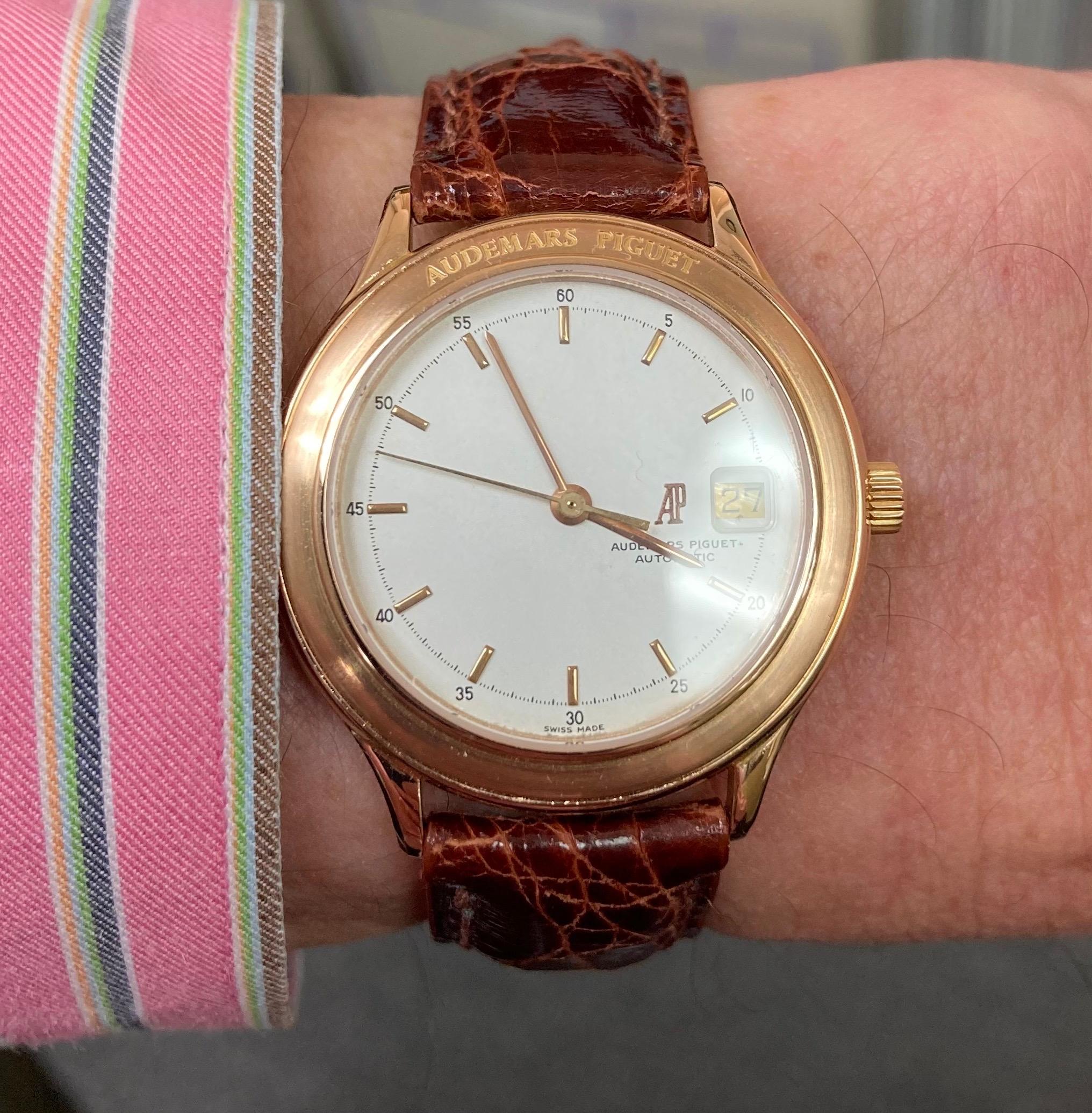 Audemars Piguet 18kt Rose gold automatic wrist watch with date, circa 1980.  With a new leather strap.