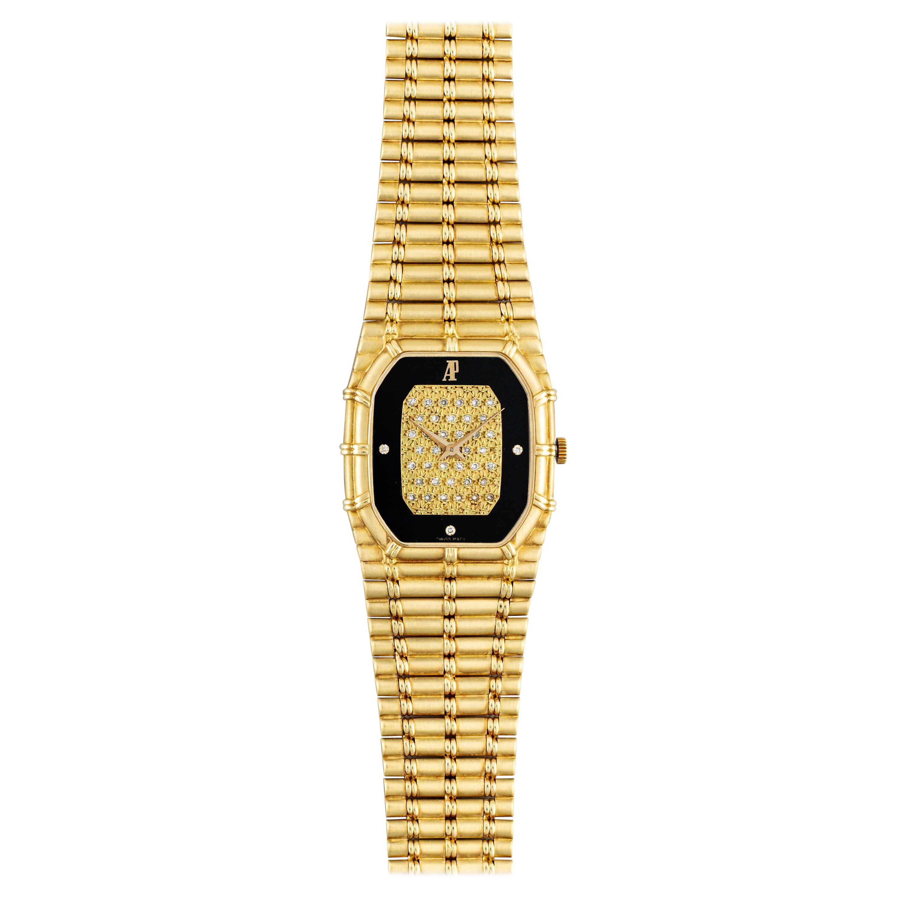 Montre Audemars Piguet Bamboo Onyx Diamond Dial en or jaune 18 carats, années 1980
