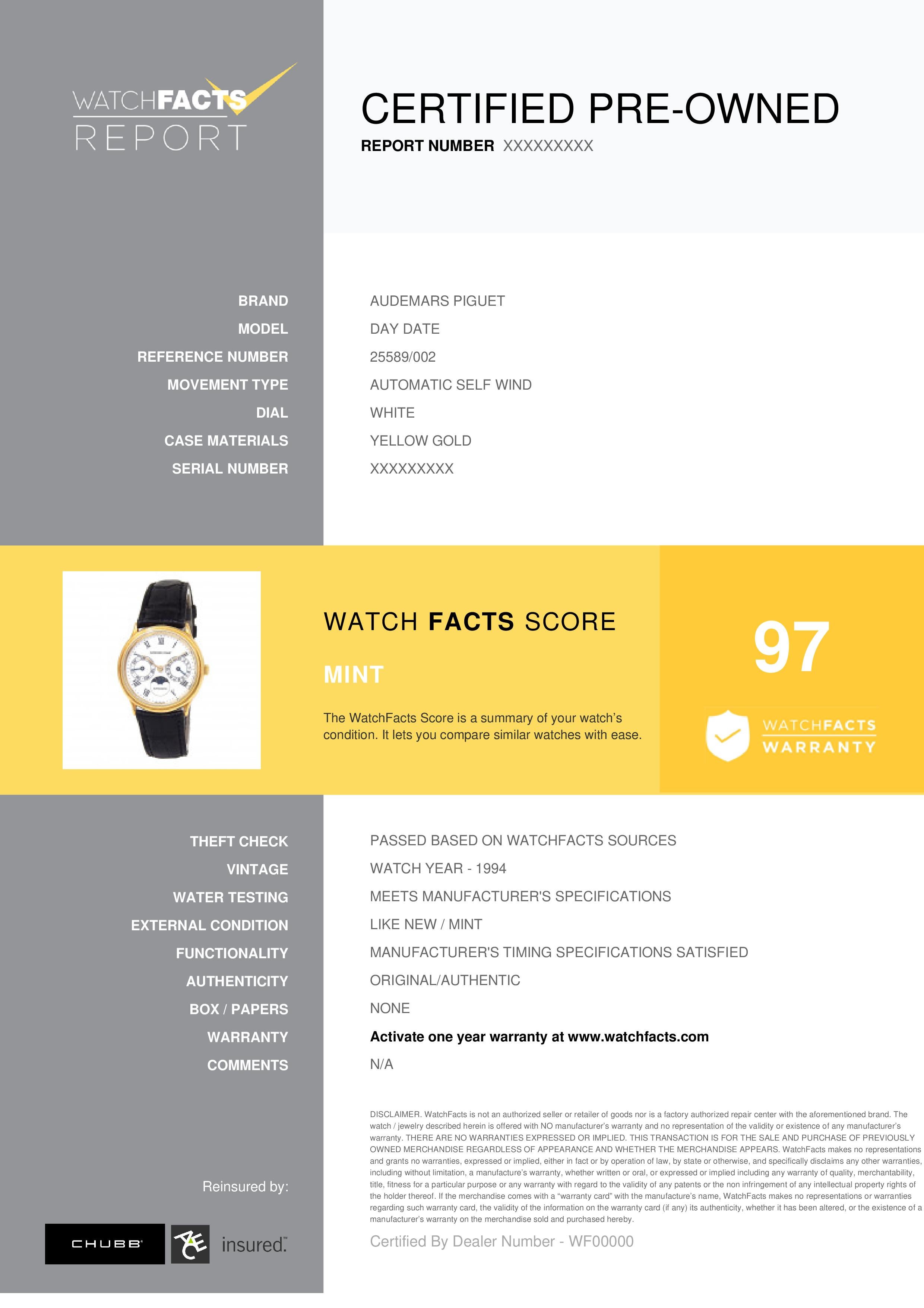 Audemars Piguet Day Date Referenznummer: 25589/002 . Herren-Automatikuhr Gelbgold Weiß 33 MM. Geprüft und zertifiziert von WatchFacts. 1 Jahr Garantie durch WatchFacts angeboten.
