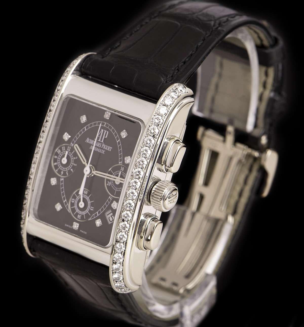 An 18k White Gold Edward Piguet Gents Wristwatch 25946BC.ZZ.D001CR.01, black dial set with 10 applied round brilliant cut diamond hour markers, 30 minute recorder at 3 0'clock, date between 4 and 5 0'clock, small seconds at 6 0'clock, 12 hour
