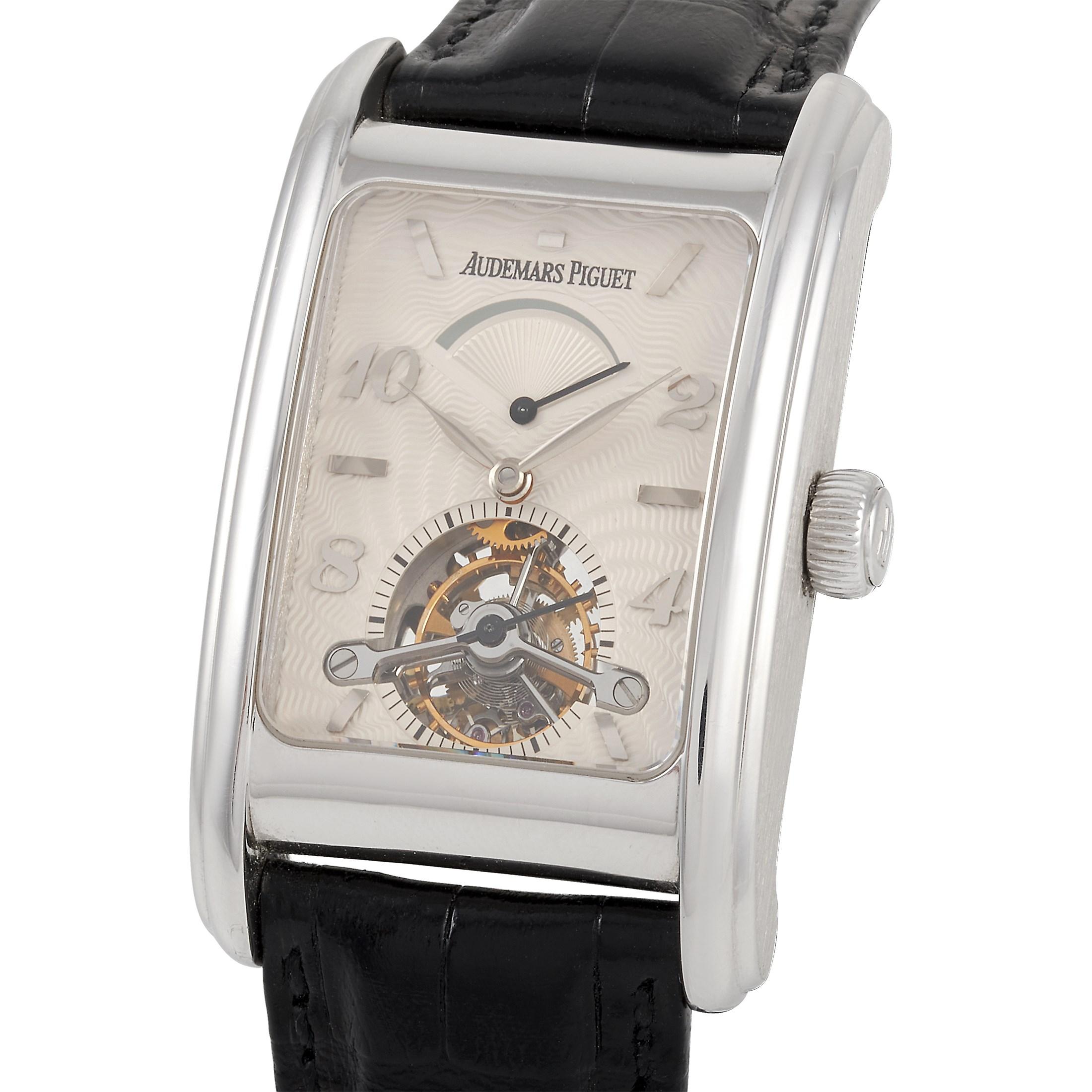 The Audemars Piguet Edward Piguet Tourbillon Watch, reference number 26006BC.OO.D002CR.01, is the definition of classic luxury. Every inch of this beautifully crafted style is undeniably elegant.

The most striking part of this watch is the