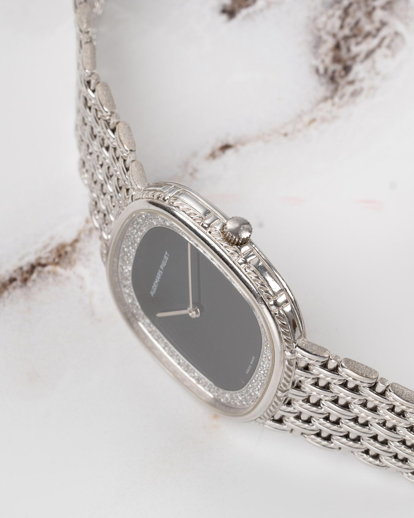 Men's Audemars Piguet Ellipse 29mm Onyx and Diamond Dial 18k WG 1980s For Sale