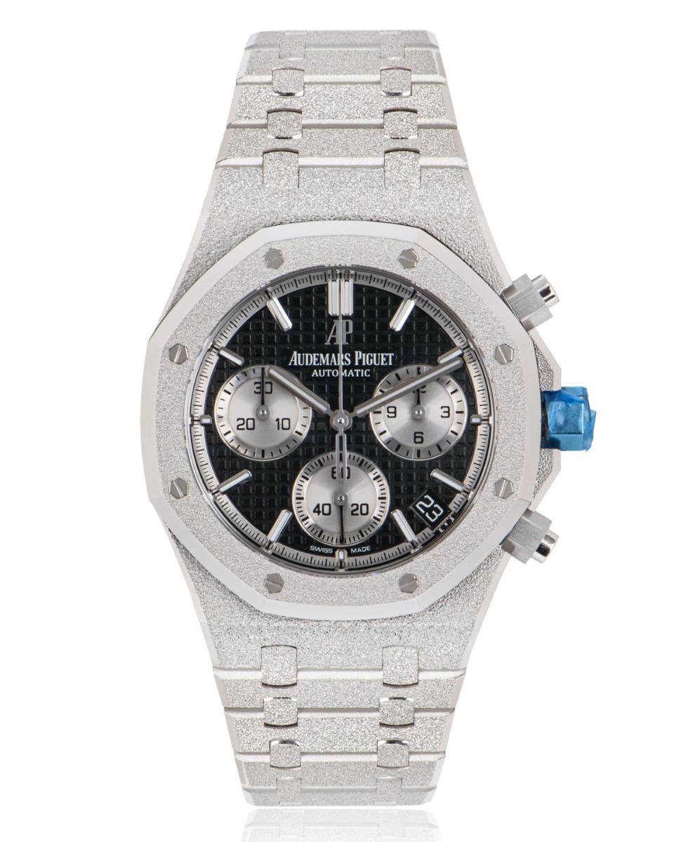 An unworn 41mm frosted 18k white gold Royal Oak by Audemars Piguet. Featuring a black 