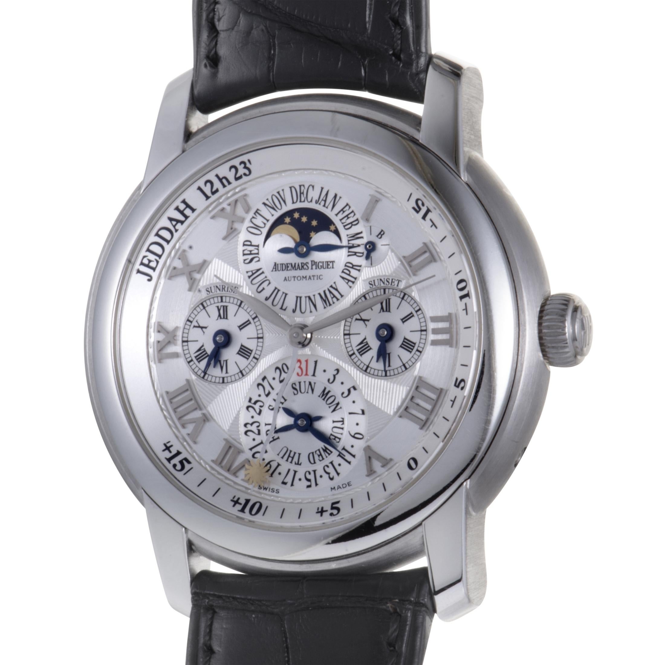 Presenting an astonishing number of indications upon a brilliantly arranged dial which offers excellent legibility along with an attractive visual effect, this elegant timepiece from Audemars Piguet boasts an appearance of classis refinement and