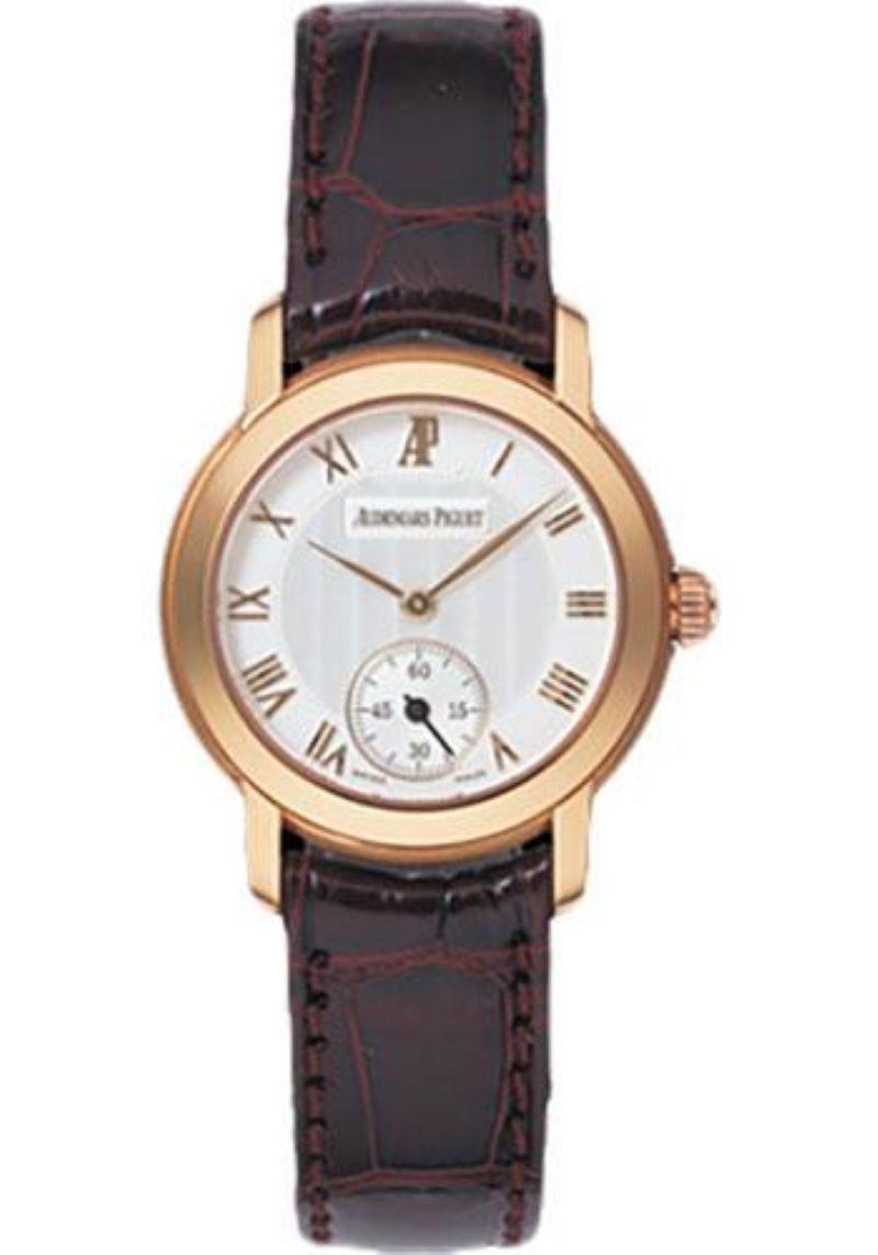 27mm 18K rose gold case, transparent back, screw-down crown, 18K rose gold bezel, sapphire crystal with glare-proof, silver dial with leaf hands and roman numeral hour markers that display the standard hours and minutes indication alongside a small