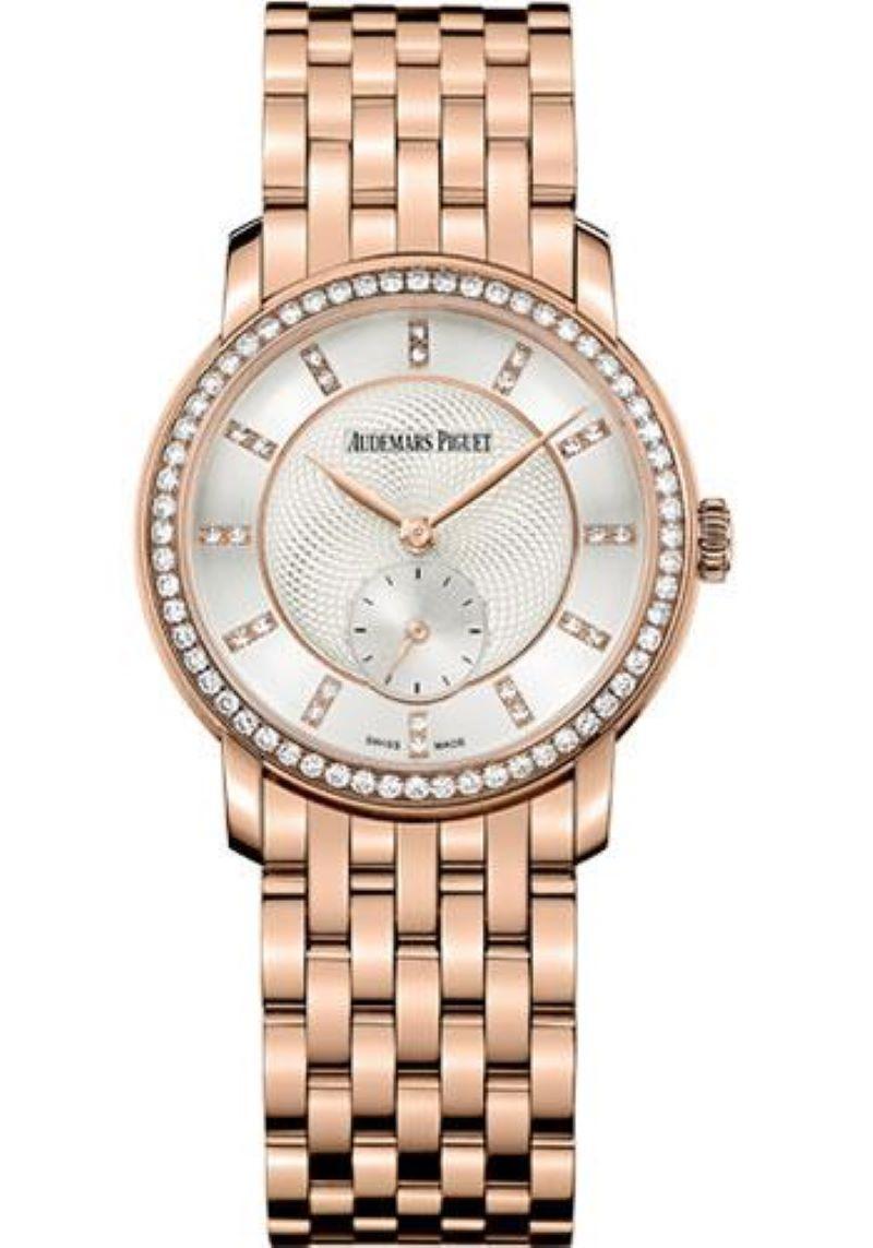 33mm 18K pink gold case, 7.15mm thick, sapphire back, 18K pink gold bezel set with diamonds, sapphire crystal with glare-proof, light silver-toned dial with guilloché decorative pattern, pink gold applied hour-markers set with diamonds and pink gold