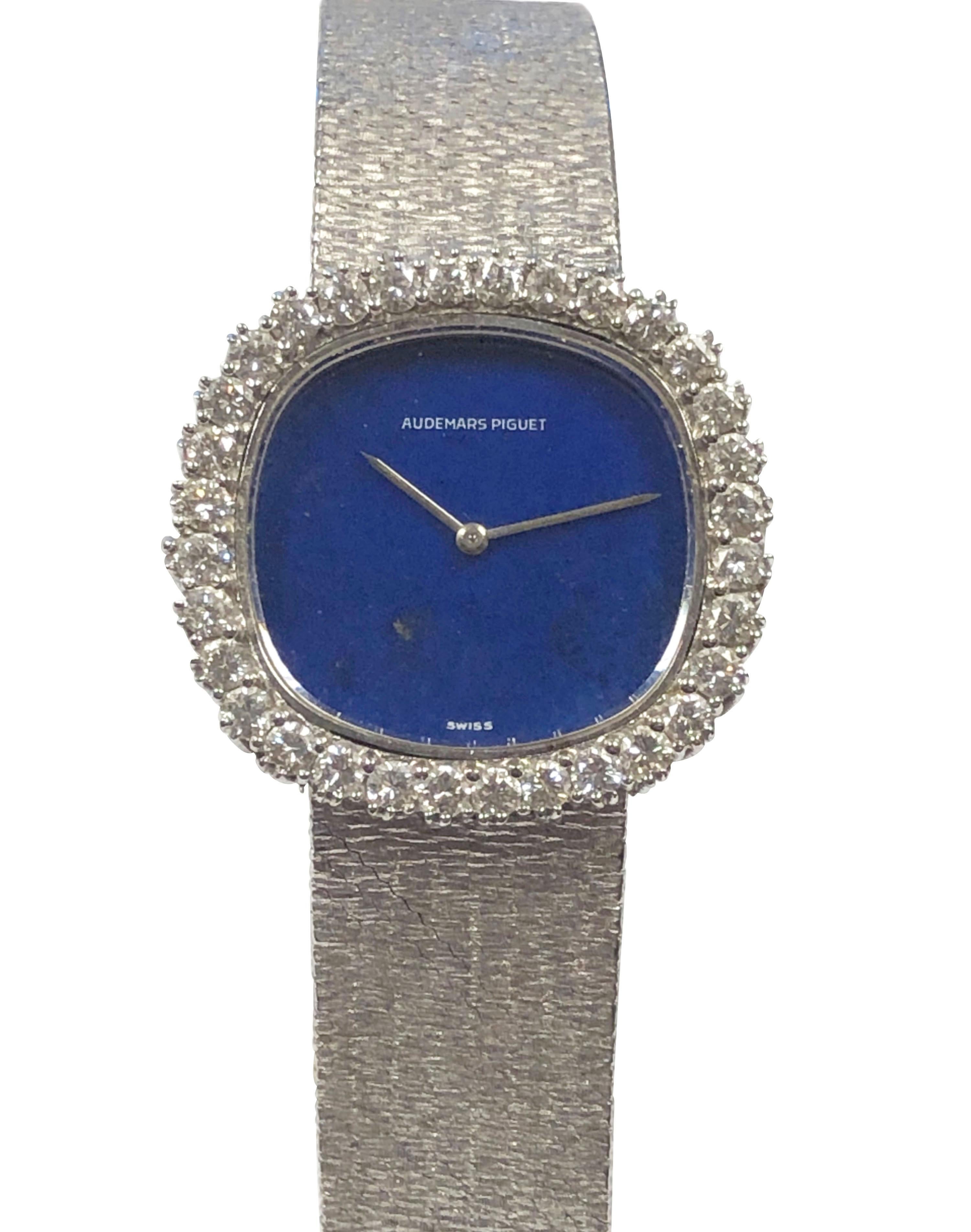 Round Cut Audemars Piguet Ladies White Gold Diamond and Lapis Dial Mechanical Wrist Watch For Sale