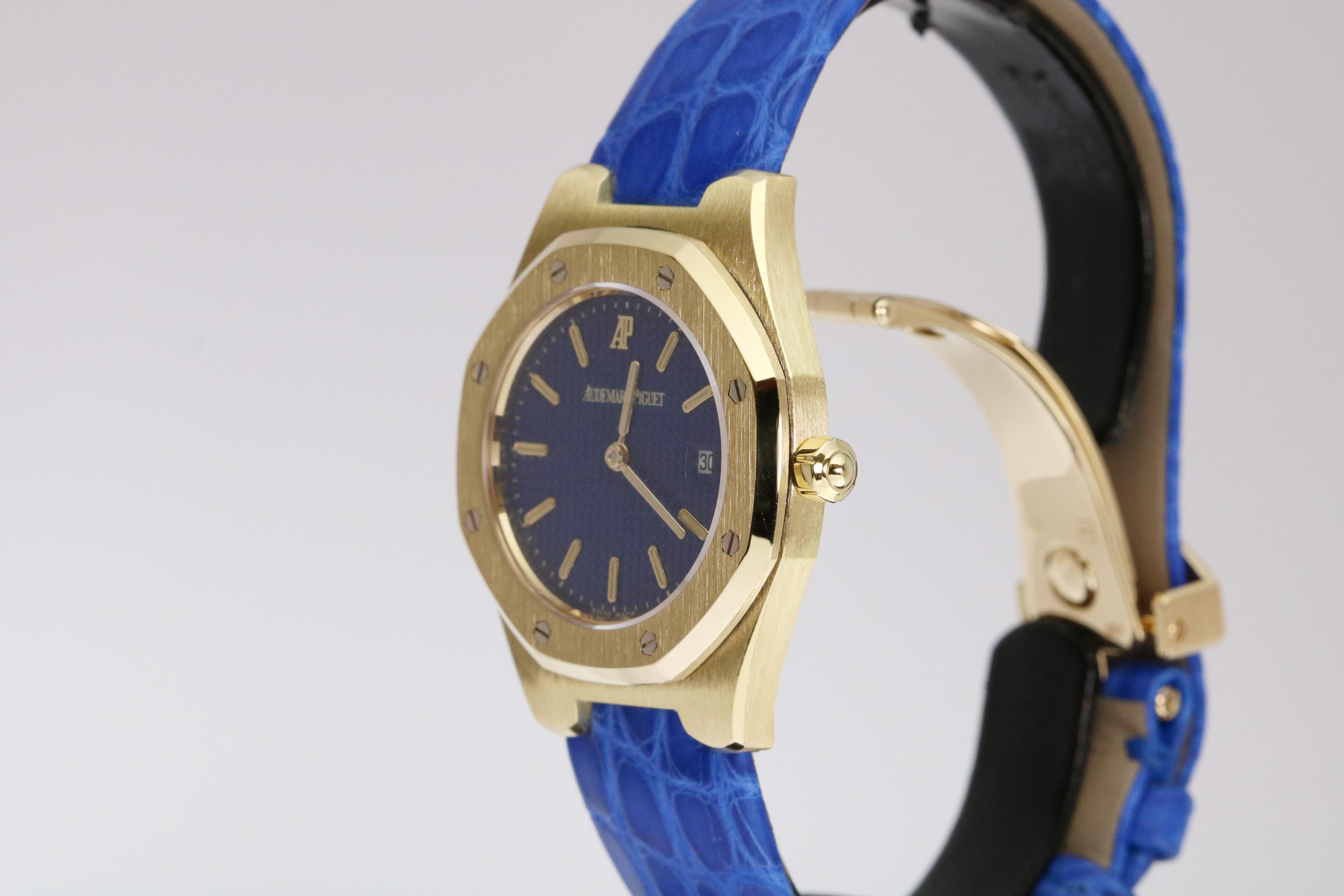 Audemars Piguet Ladies 18k yellow gold Royal Oak wristwatch. This watch comes with strap, service box and service papers. 

Brand: Audemars Piguet 
Model number:  66800BA.00.D129xx.01
Gender: Ladies Series: Royal Oak 
Watch Style: Luxury 
Case