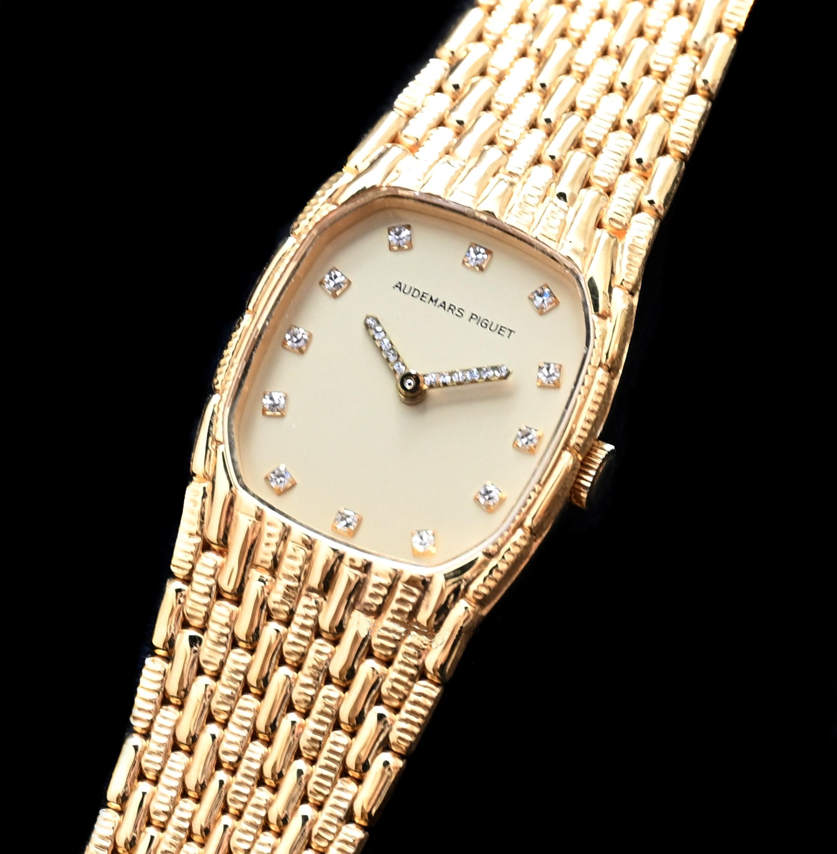 Brand: Audemars Piguet
Serial number: C7xxxx
Reference: C04406

Case: Show sign of wear 18K Yellow Gold Case with approximate size 21mm x 24mm along with serial number engraved on case back

Dial: Excellent Condition Gold Champagne Dial w/Diamond