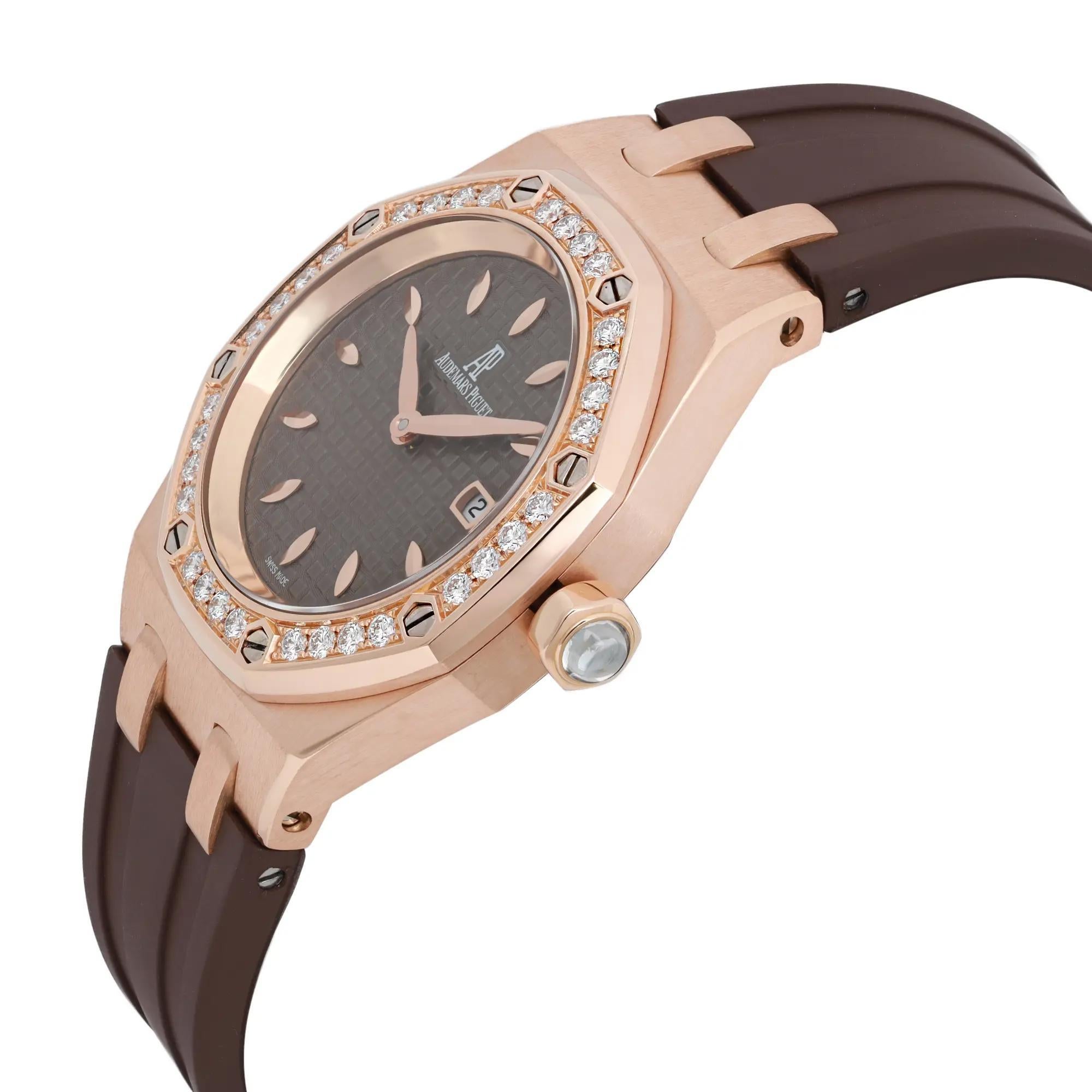Audemars Piguet Lady Royal Oak 33mm Diamond Brown Dial Ladies Watch 67621OR In Excellent Condition In New York, NY